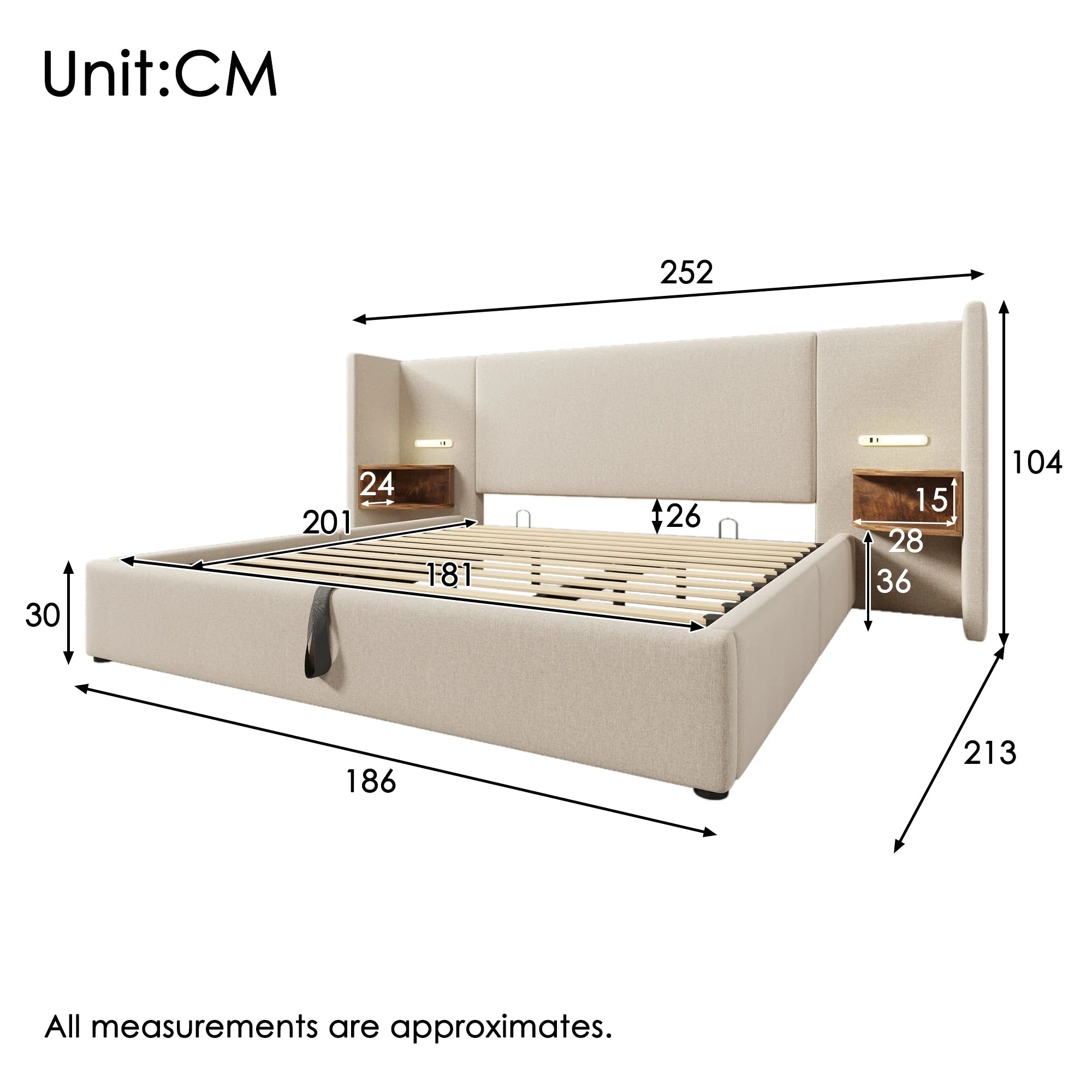 Upholstered Double Bed 180x200 with Bedside Table, Reading Lamp, USB-C Charging, Beige Linen - Image 2