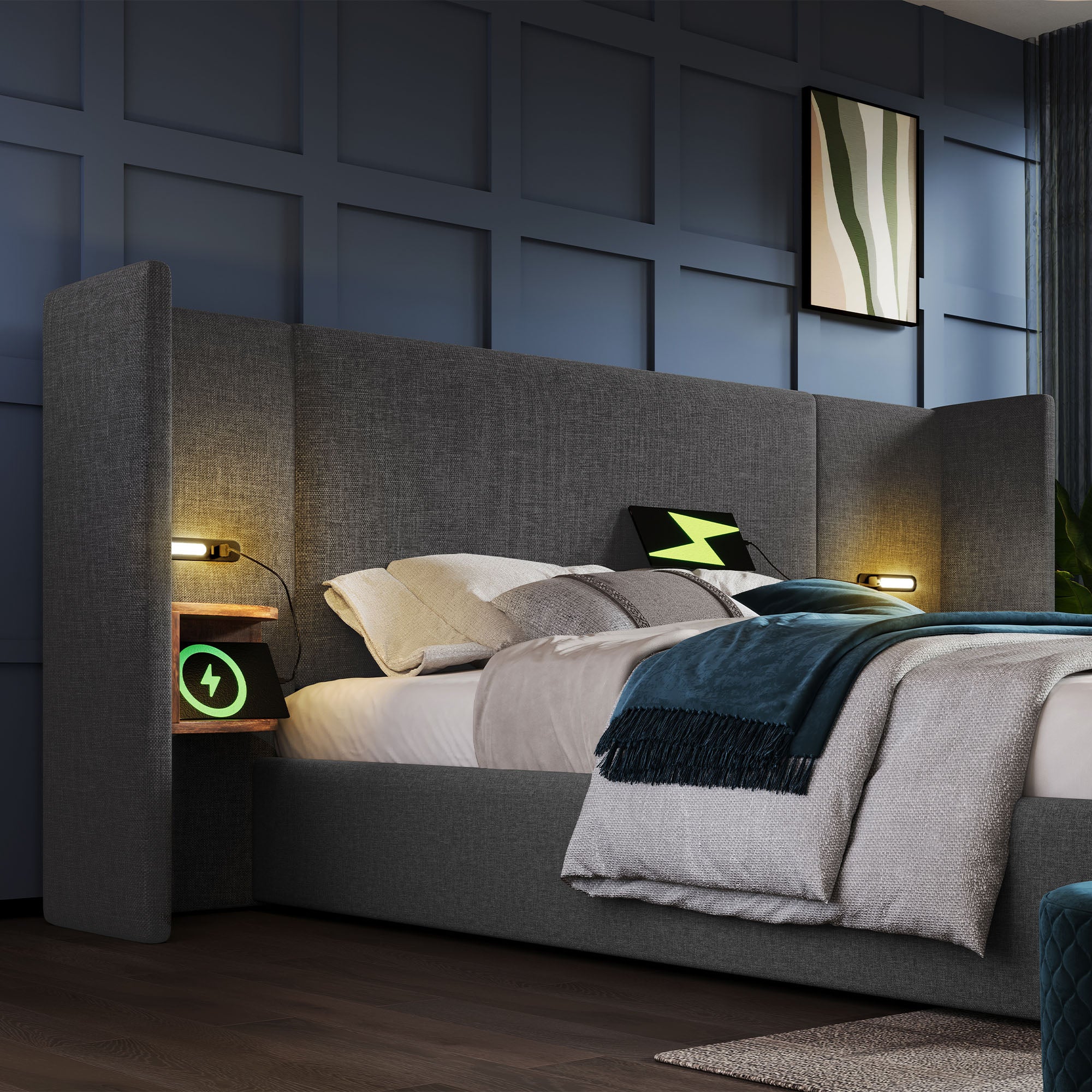 Upholstered Double Bed 180x200 with Bedside Table, Reading Lamp, USB-C Charging, Storage Frame, Solid Wood & Metal, Gray Linen - Image 8