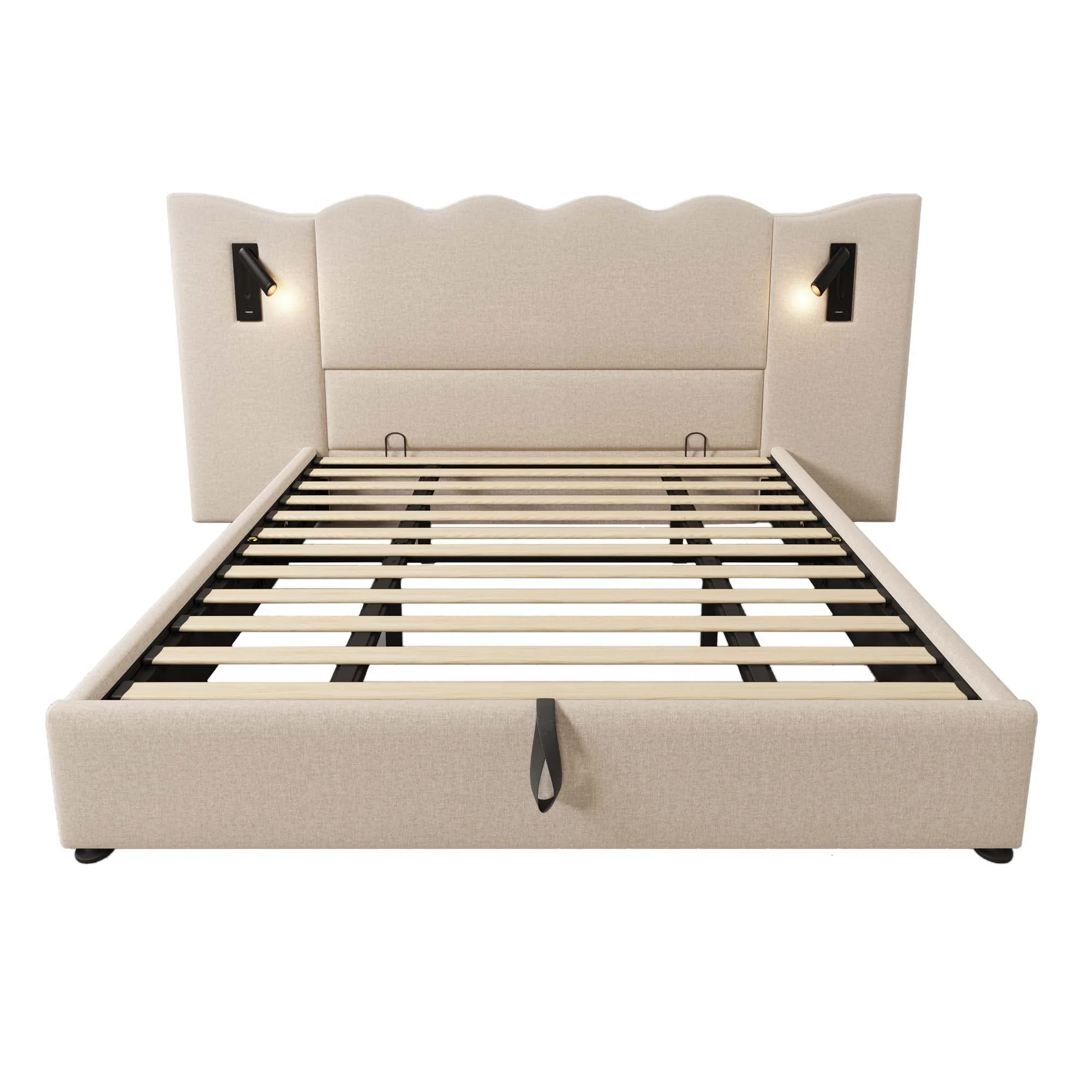 Upholstered Double Bed 180x200 with Reading Lamp and USB-C Charging, Storage Bed Frame, Beige Linen - Image 3