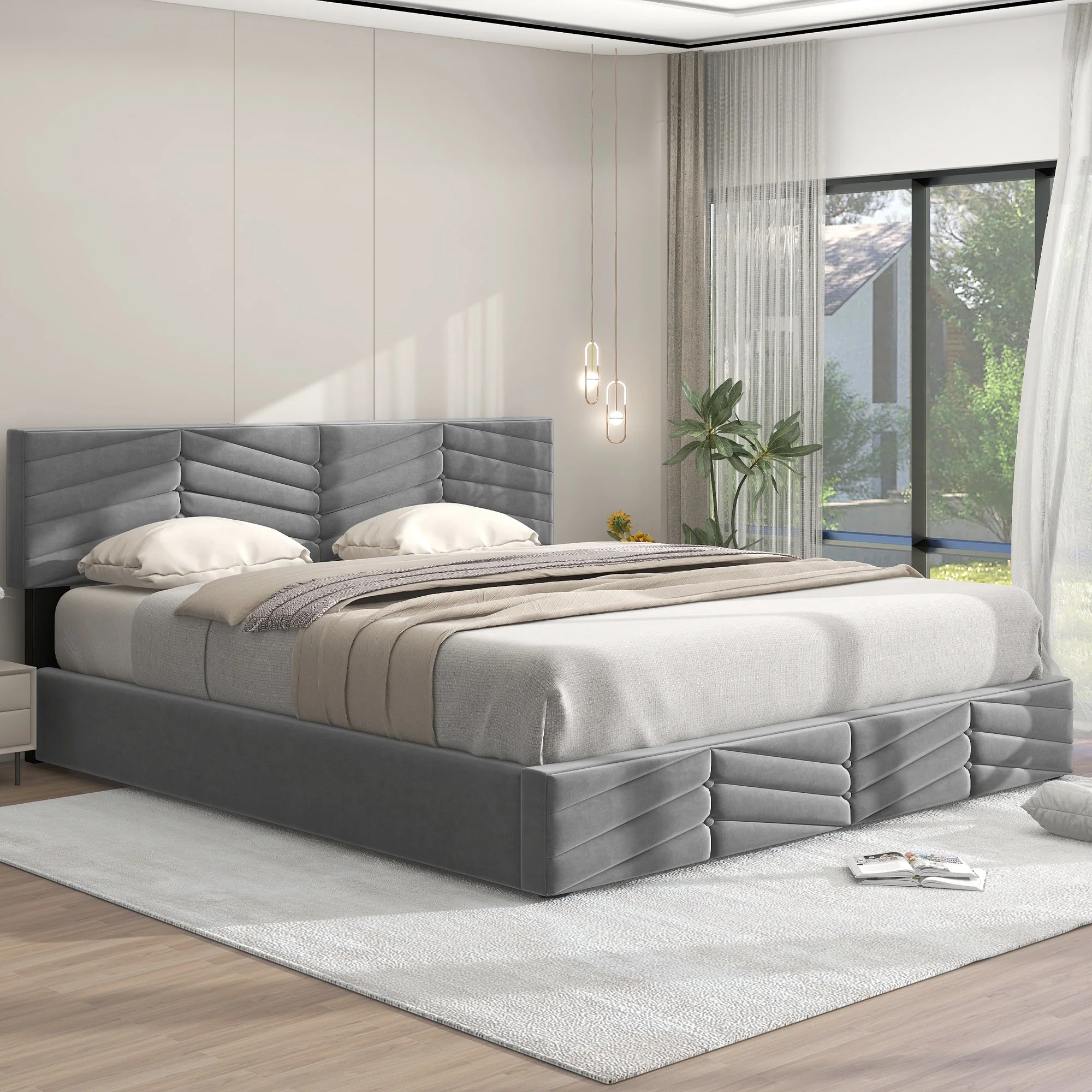 Upholstered Double Bed 180x200cm Hydraulic Storage Adjustable Headboard Striped - Velvet Grey - Image 2
