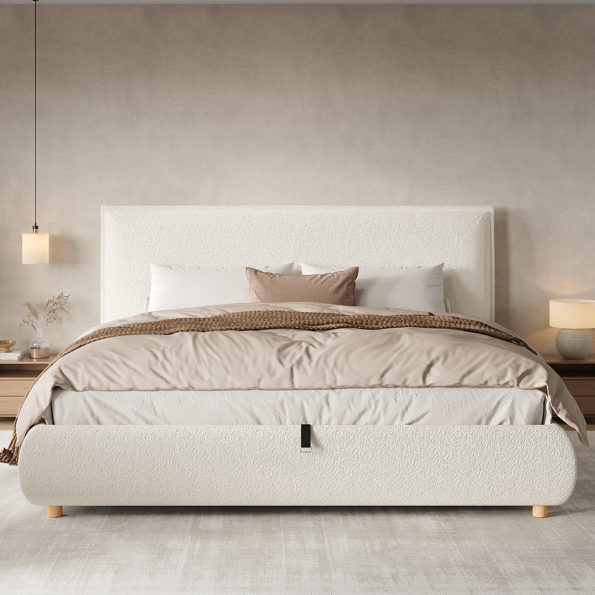 Upholstered Double Bed, 180x200cm Hydraulic Storage Bed with Slatted Frame and Wood Legs, White Bouclé - Image 2