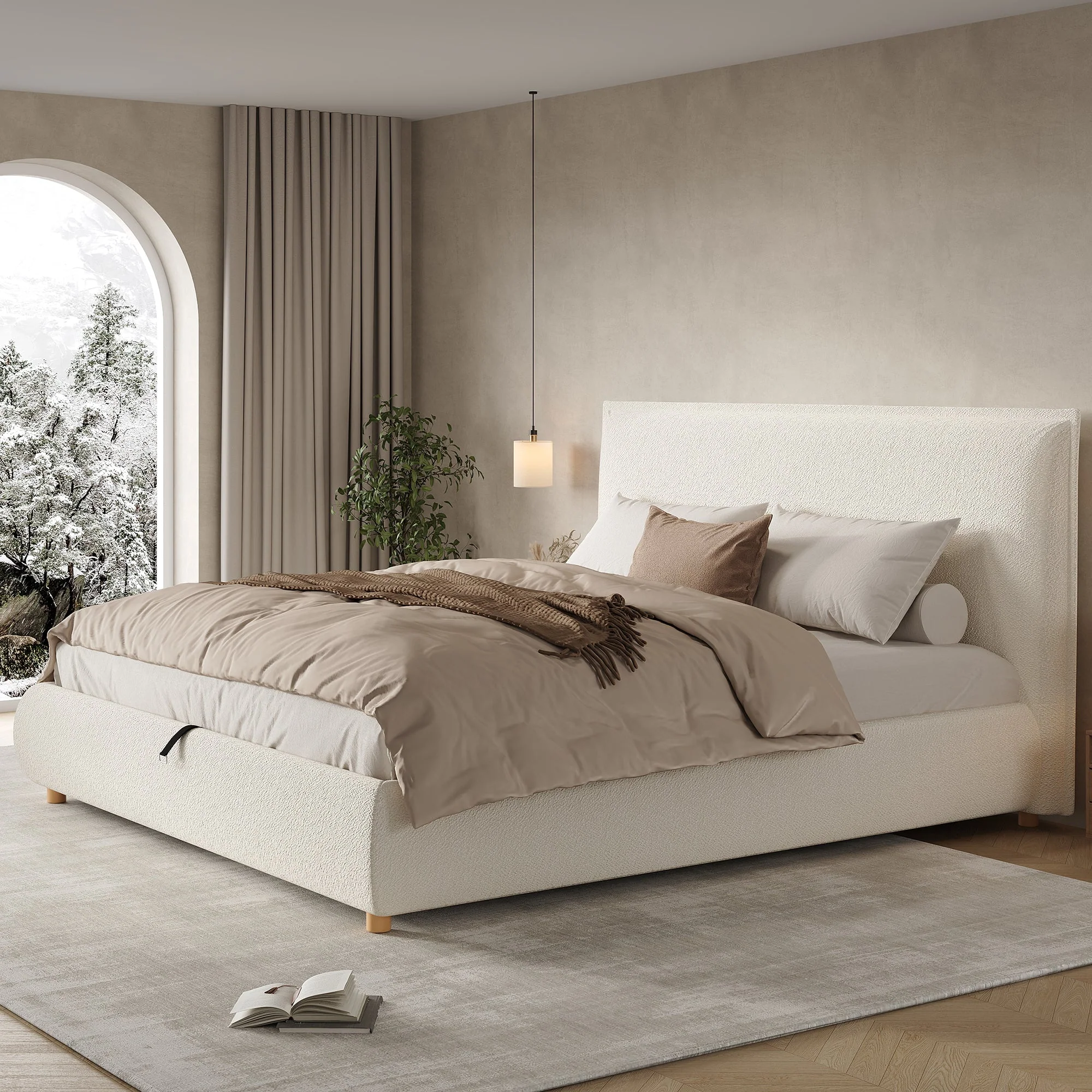 Upholstered Double Bed, 180x200cm Hydraulic Storage Bed with Slatted Frame and Wood Legs, White Bouclé - Image 3