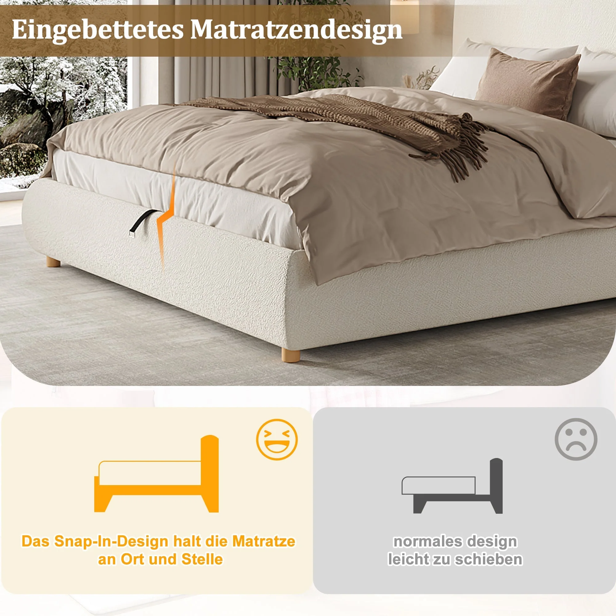 Upholstered Double Bed, 180x200cm Hydraulic Storage Bed with Slatted Frame and Wood Legs, White Bouclé - Image 4
