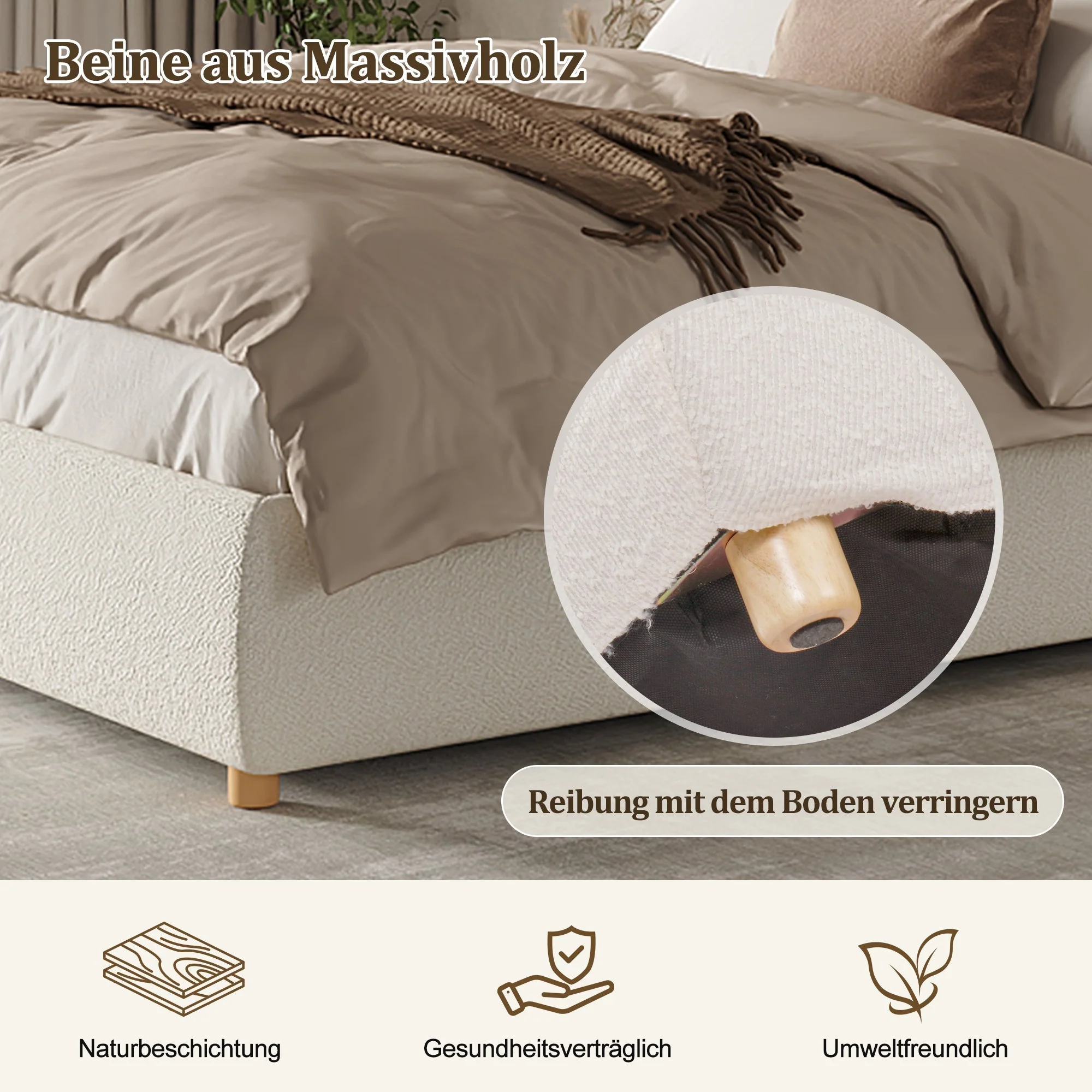 Upholstered Double Bed, 180x200cm Hydraulic Storage Bed with Slatted Frame and Wood Legs, White Bouclé - Image 5
