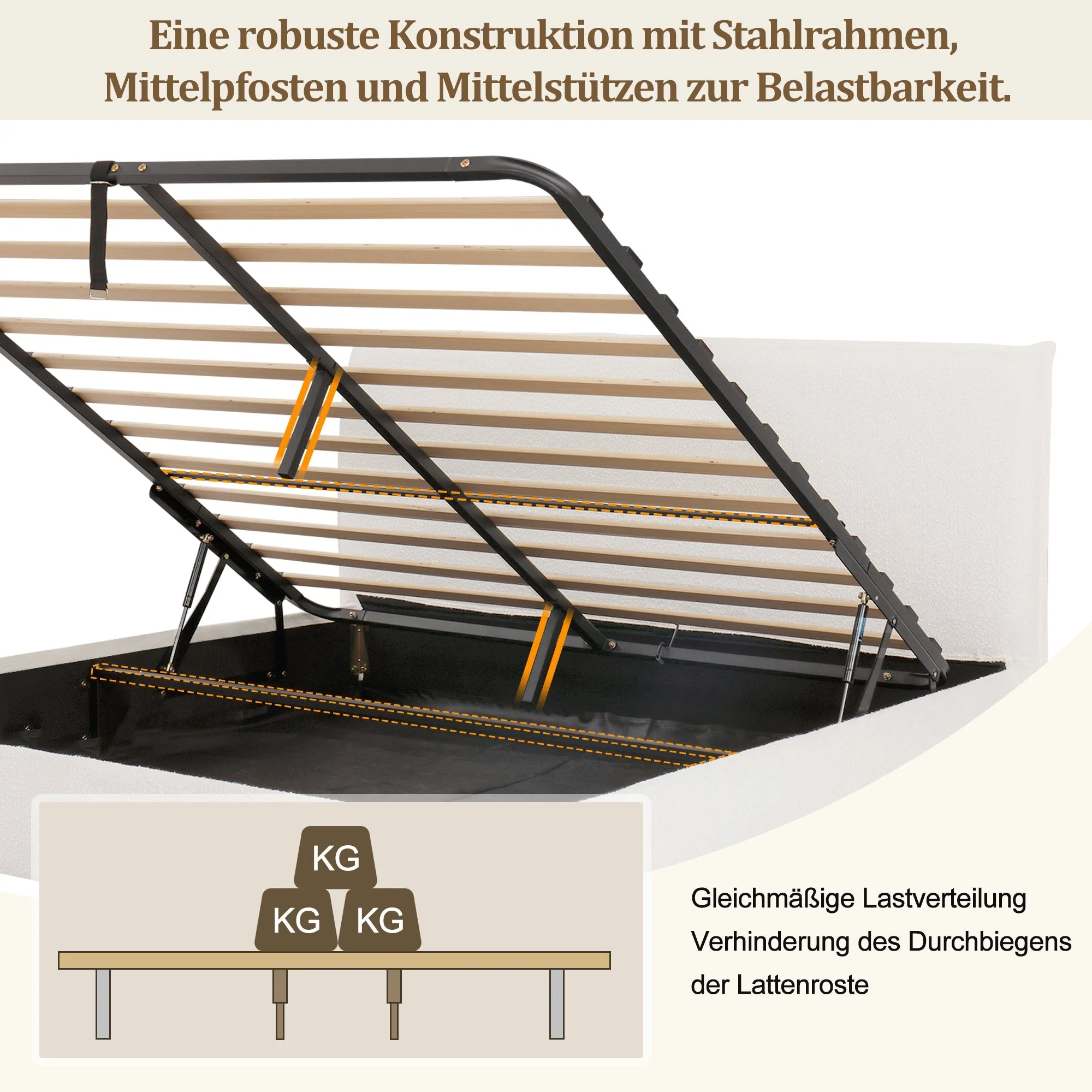 Upholstered Double Bed, 180x200cm Hydraulic Storage Bed with Slatted Frame and Wood Legs, White Bouclé - Image 6