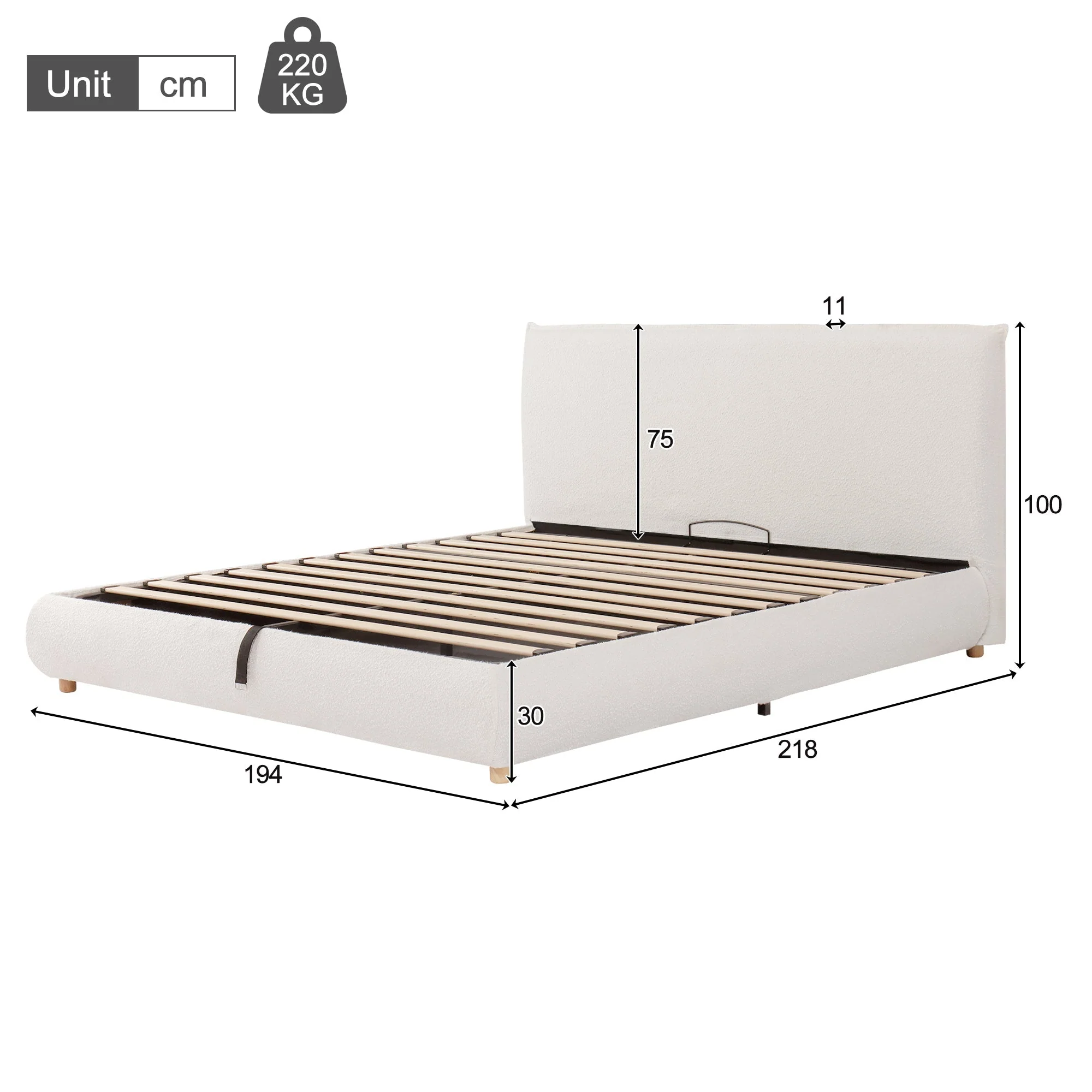 Upholstered Double Bed, 180x200cm Hydraulic Storage Bed with Slatted Frame and Wood Legs, White Bouclé - Image 8