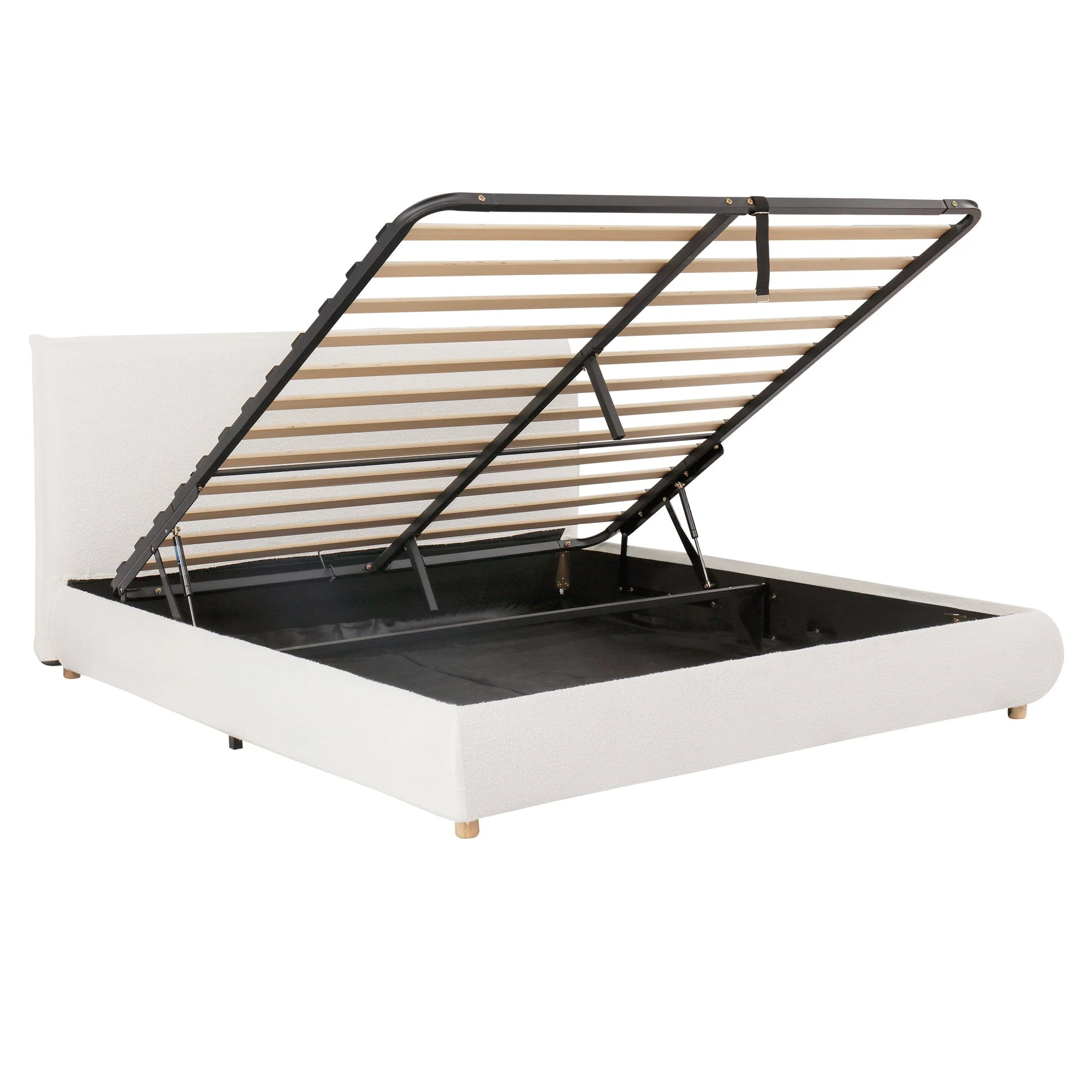 Upholstered Double Bed, 180x200cm Hydraulic Storage Bed with Slatted Frame and Wood Legs, White Bouclé - Image 9