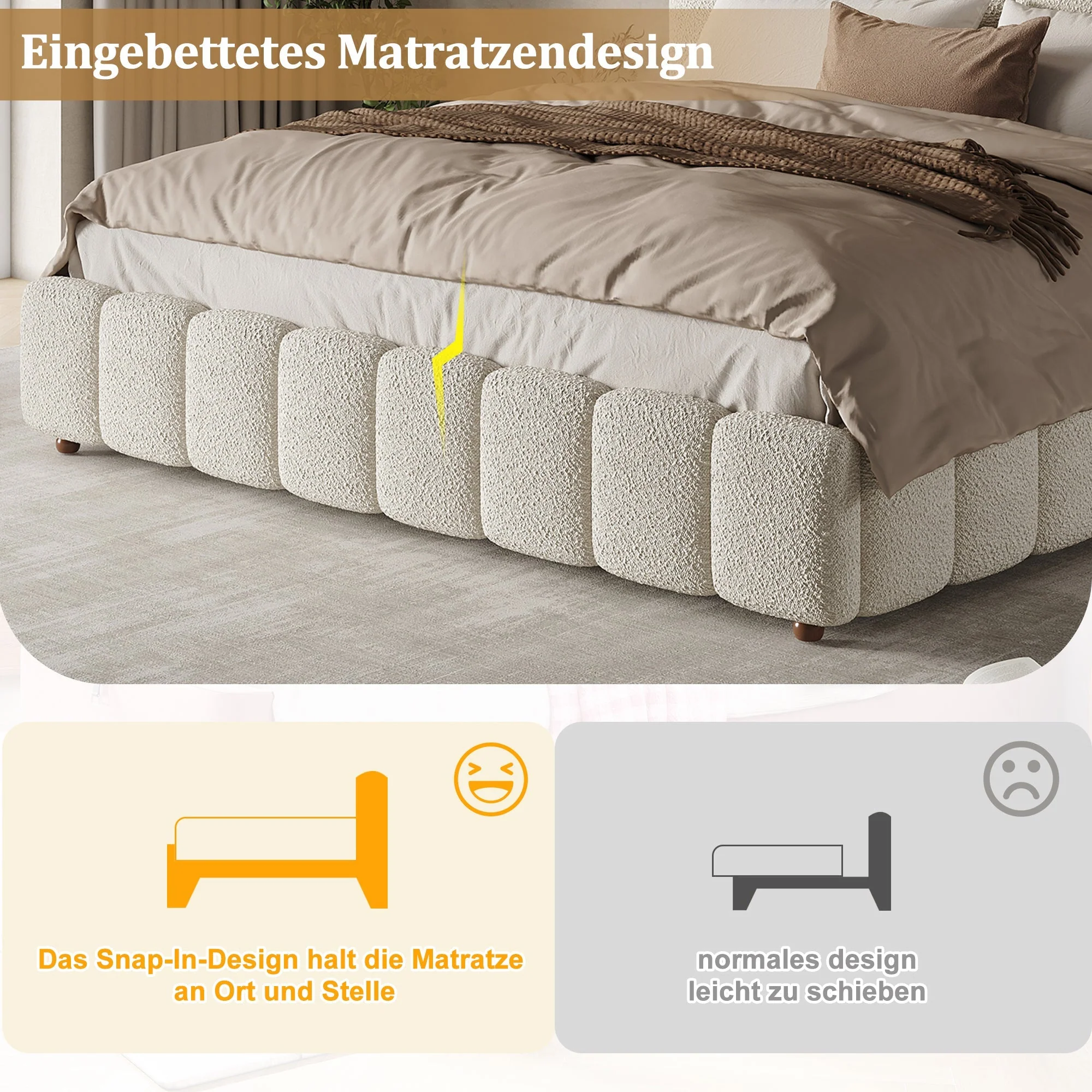 Upholstered Double Bed 180x200cm Hydraulic Storage Bed with Slatted Frame White Bouclé - Image 4