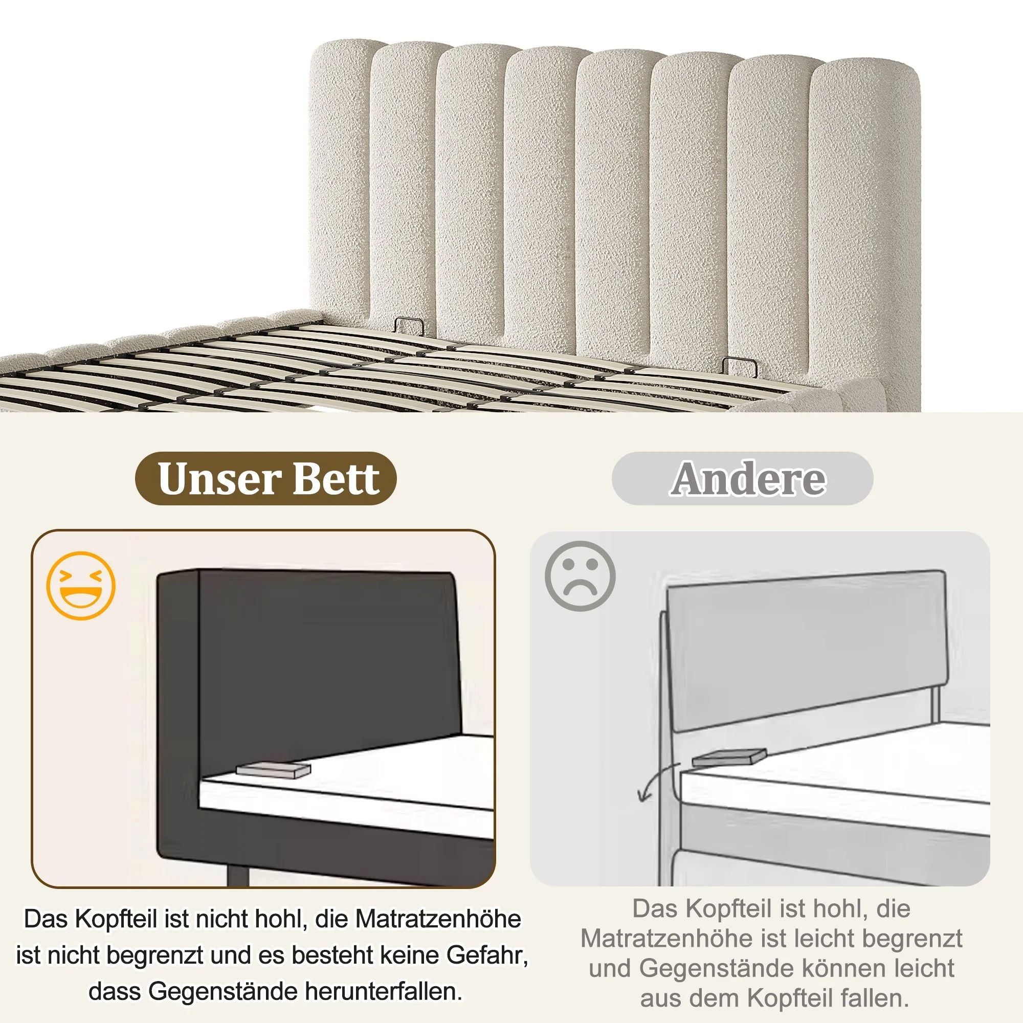 Upholstered Double Bed 180x200cm Hydraulic Storage Bed with Slatted Frame White Bouclé - Image 5