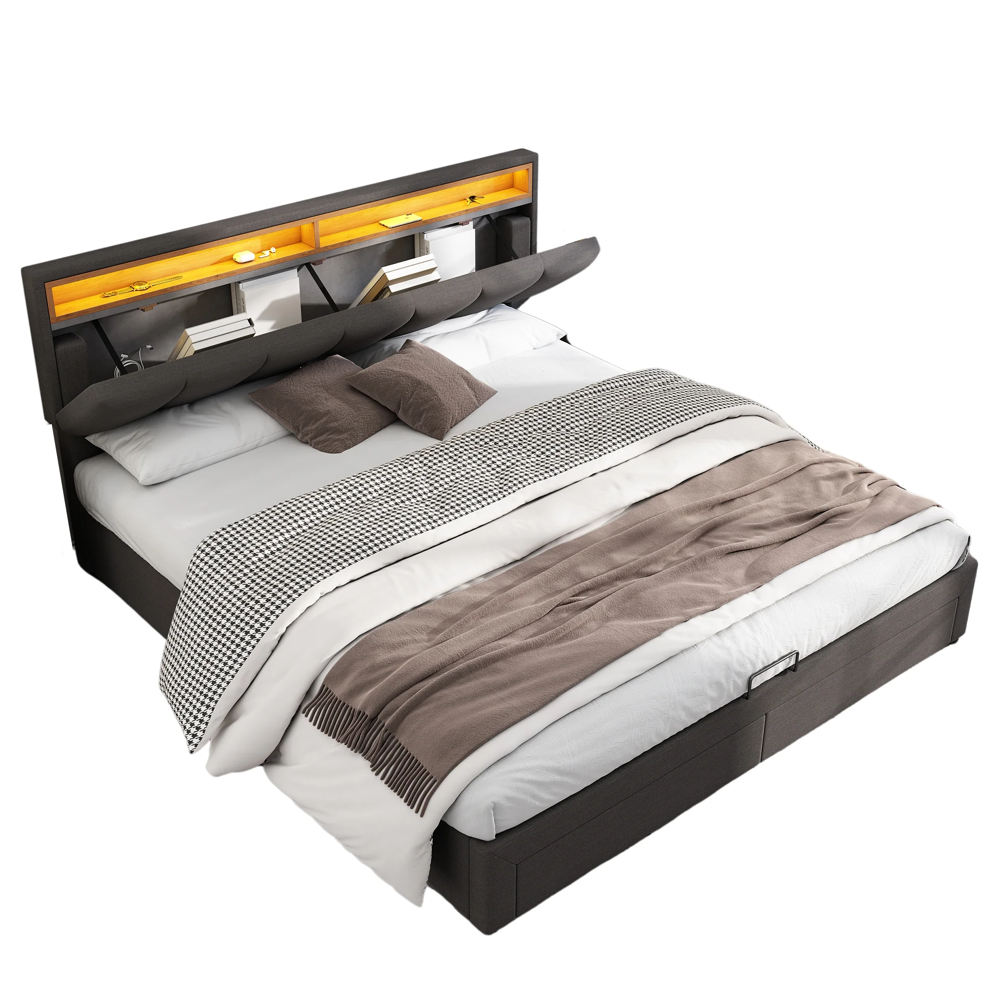 Upholstered Double Bed 180x200cm Hydraulic Storage LED Drawers - Linen Grey - Image 9