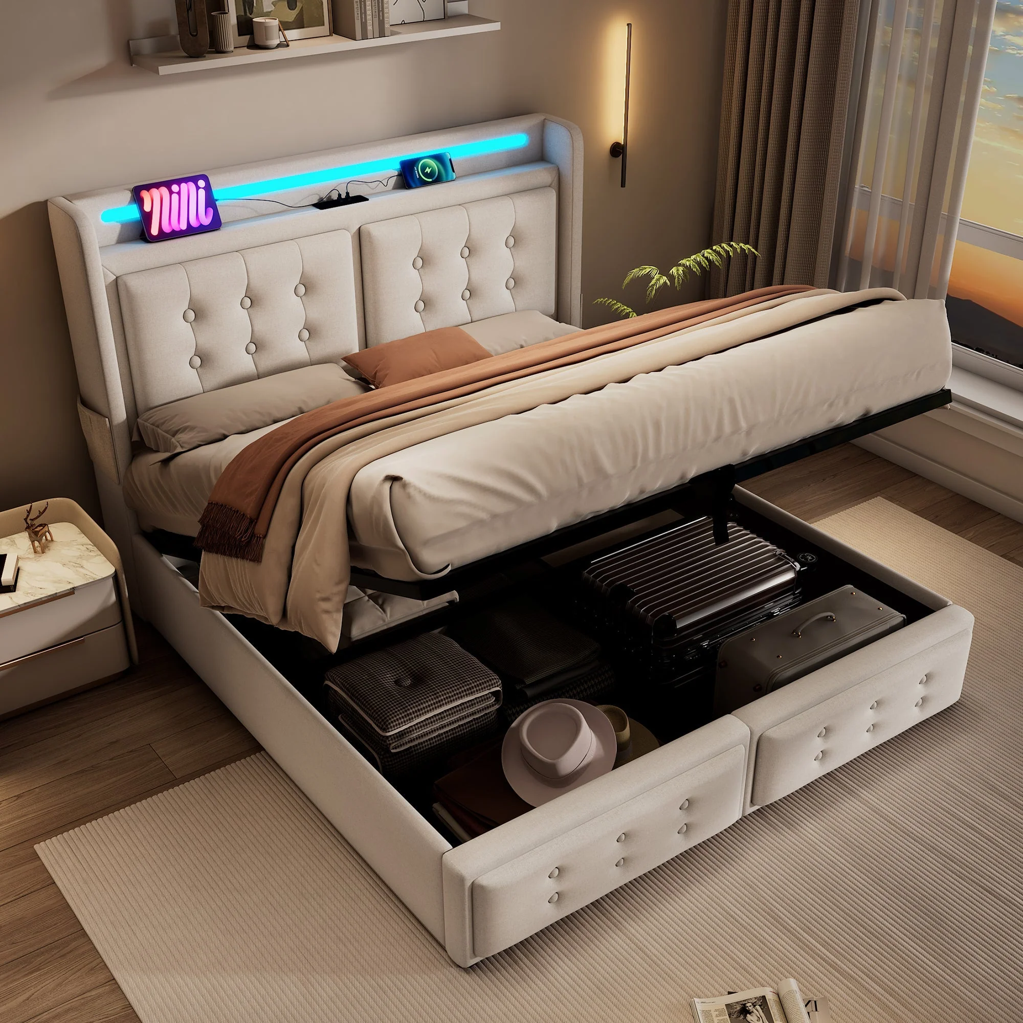 Upholstered Double Bed 180x200cm, Hydraulic Storage, LED Headboard and USB-C Charging, Beige Cotton - Image 8