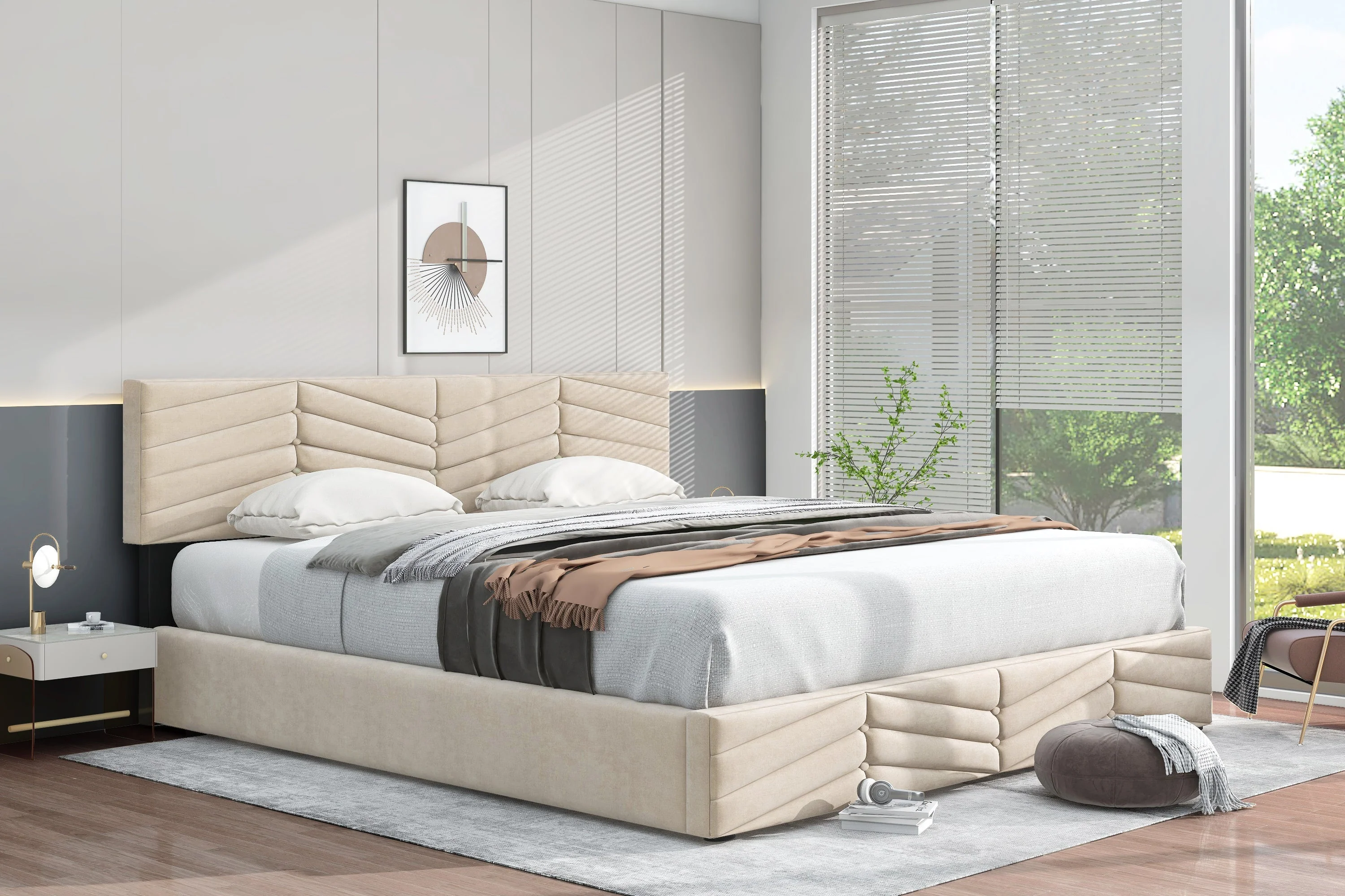 Upholstered Double Bed 180x200cm Hydraulic Storage Striped Headboard - Velvet Beige - Image 6