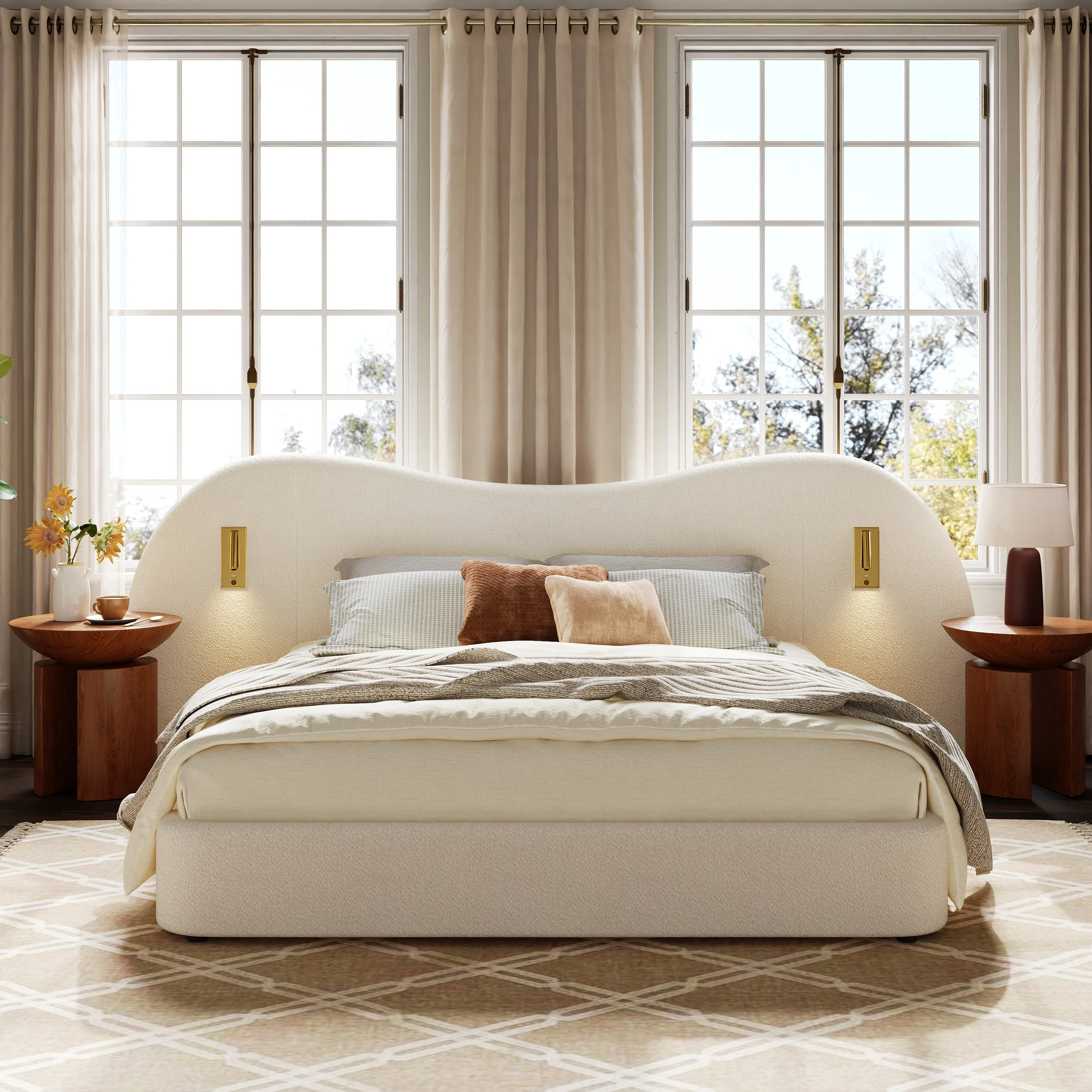 Upholstered Double Bed 180x200cm Hydraulic Storage USB Reading Lamp White Bouclé - Image 6