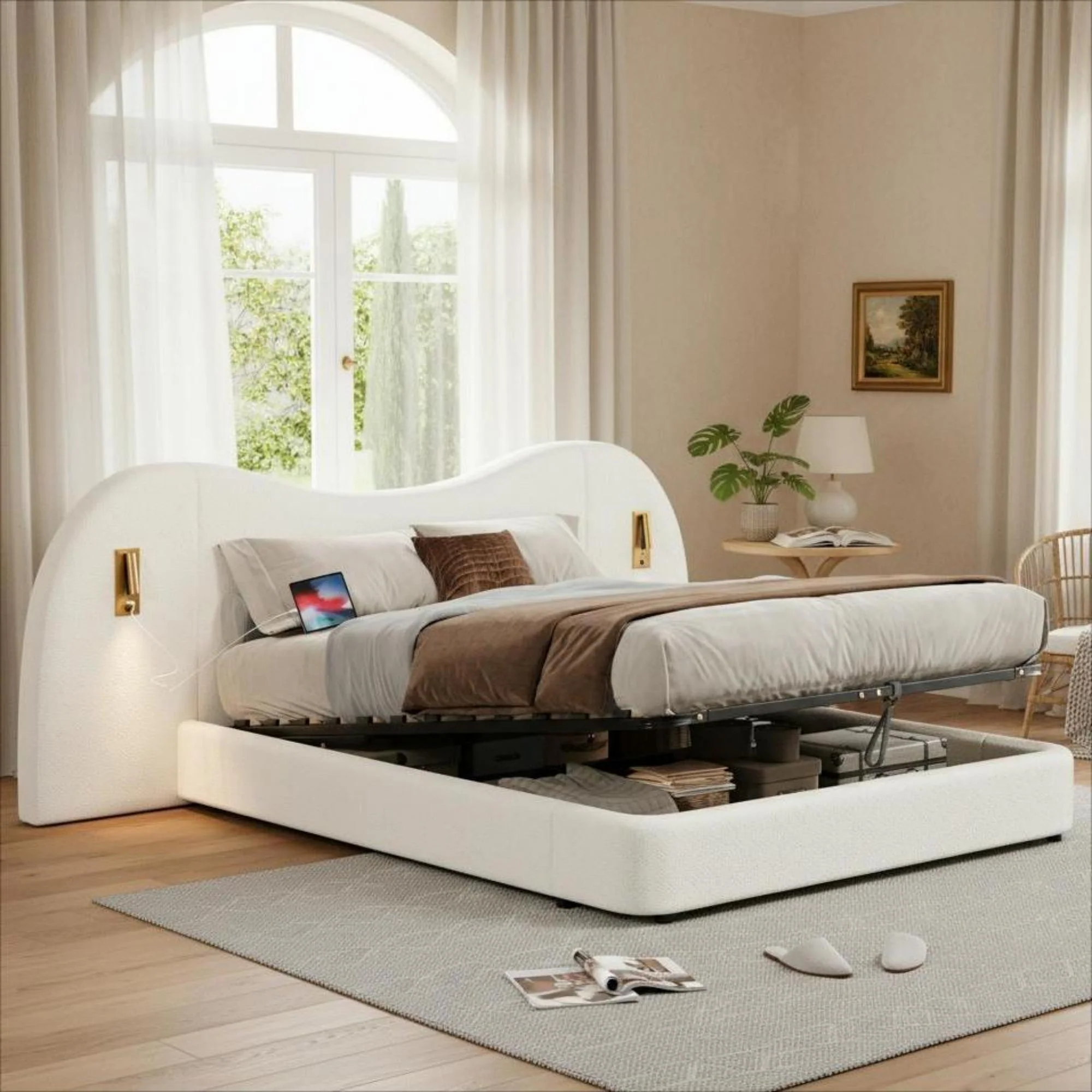 Upholstered Double Bed 180x200cm Hydraulic Storage USB Reading Lamp White Bouclé - Image 7