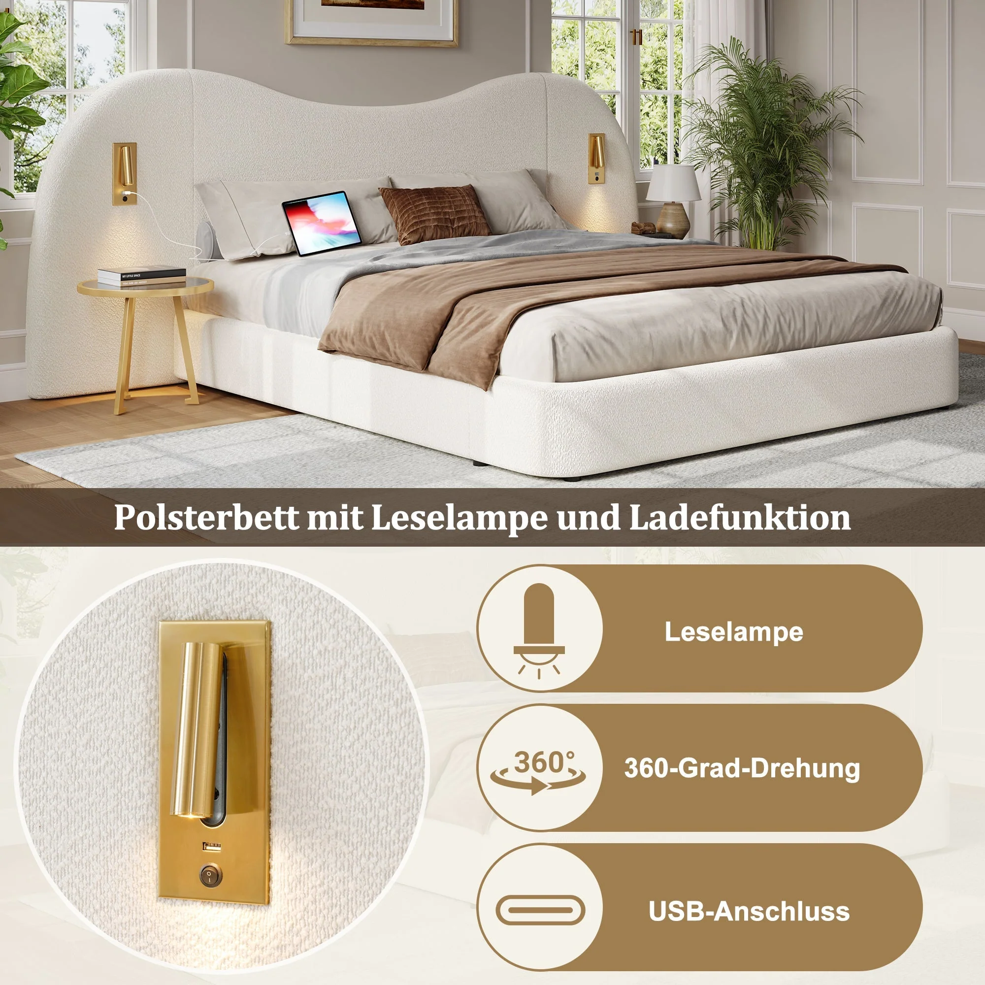 Upholstered Double Bed 180x200cm Hydraulic Storage USB Reading Lamp White Bouclé - Image 9