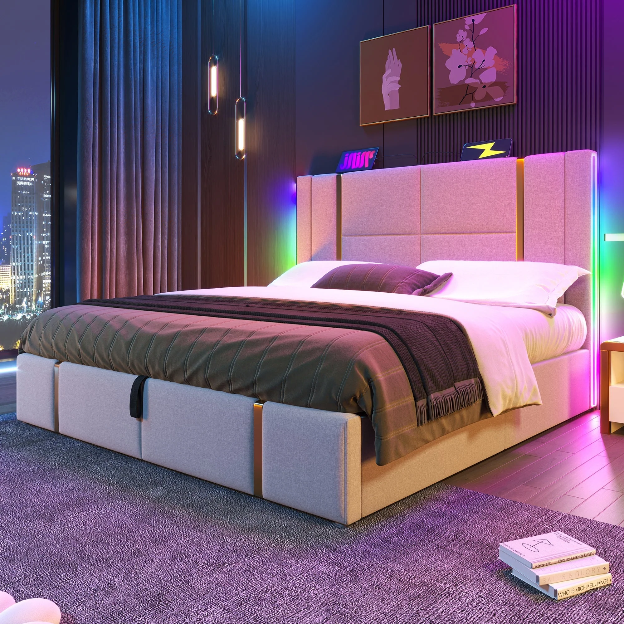 Upholstered Double Bed, 180x200cm, USB-C, APP Control, LED, Storage, Beige Linen - Image 3