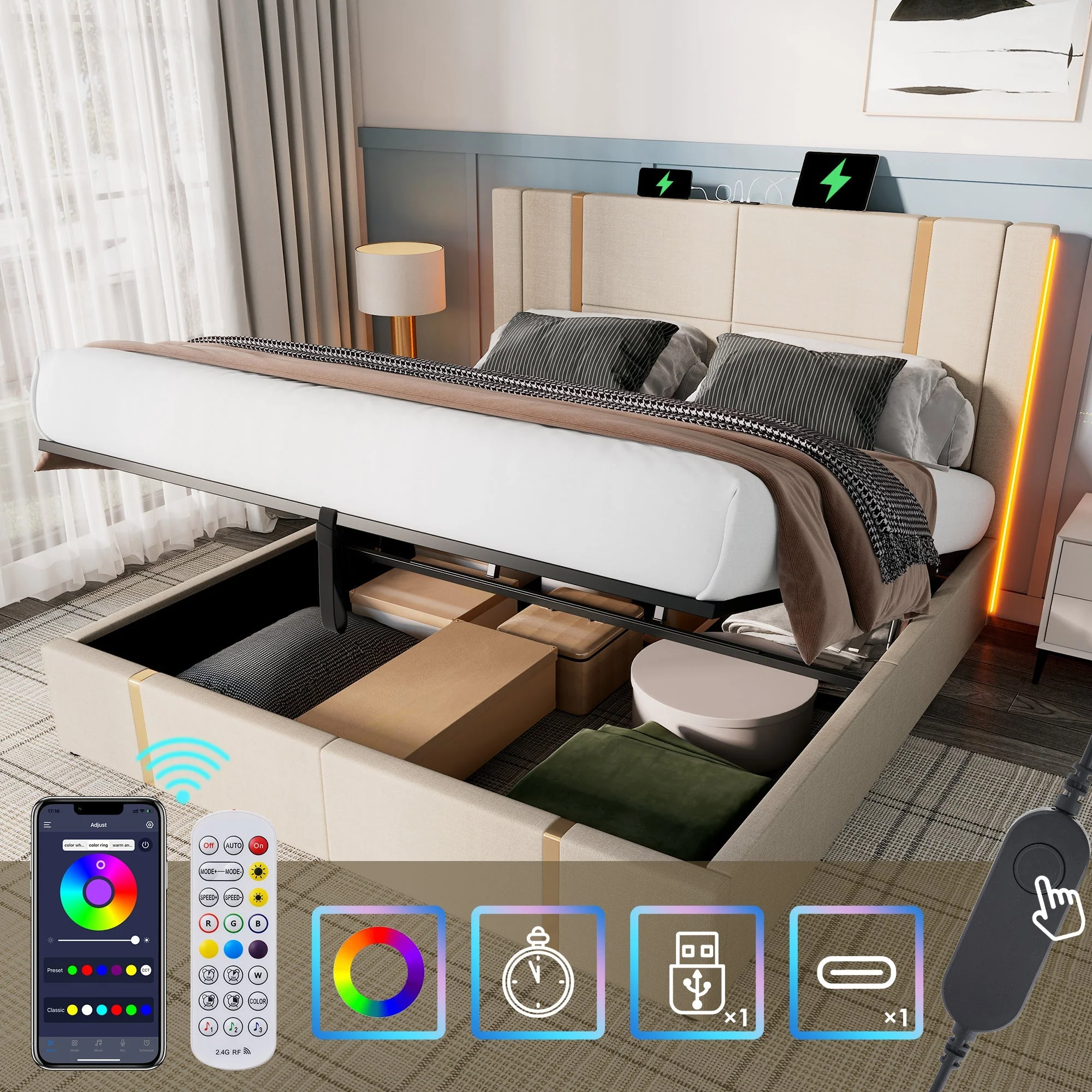 Upholstered Double Bed, 180x200cm, USB-C, APP Control, LED, Storage, Beige Linen - Image 4