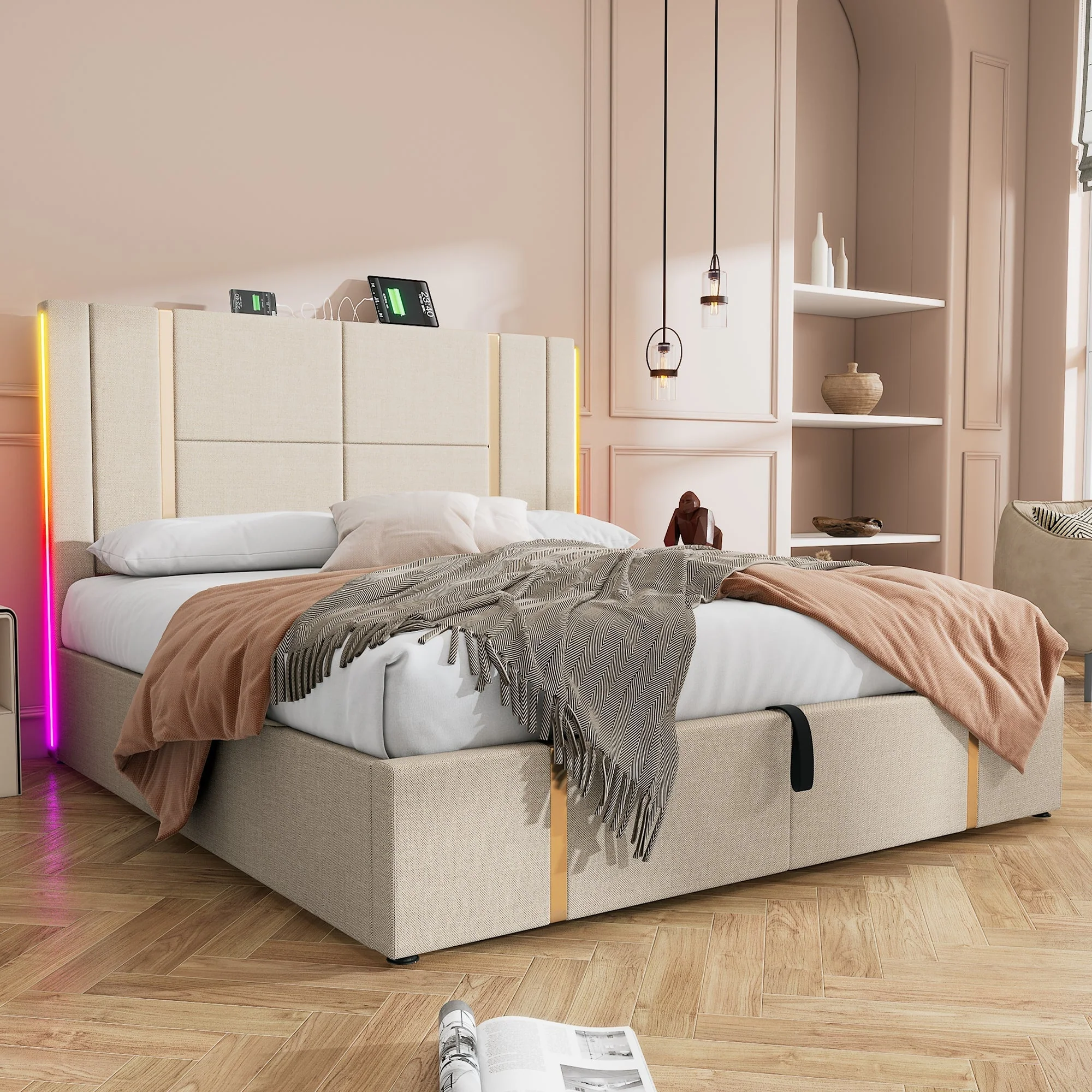 Upholstered Double Bed, 180x200cm, USB-C, APP Control, LED, Storage, Beige Linen - Image 9