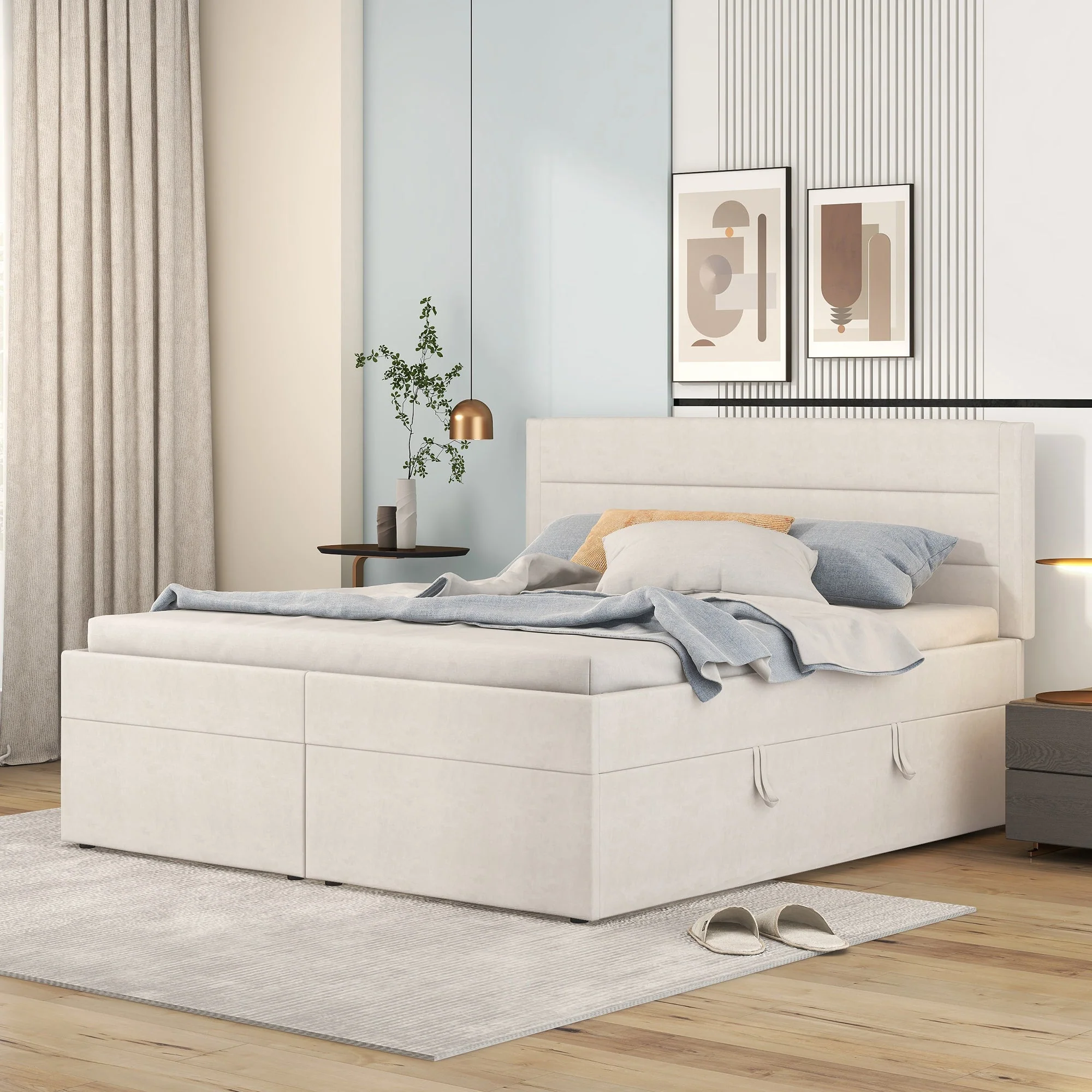 Upholstered Double Bed 200x140cm Large Dual Opening Storage - Beige - Image 2
