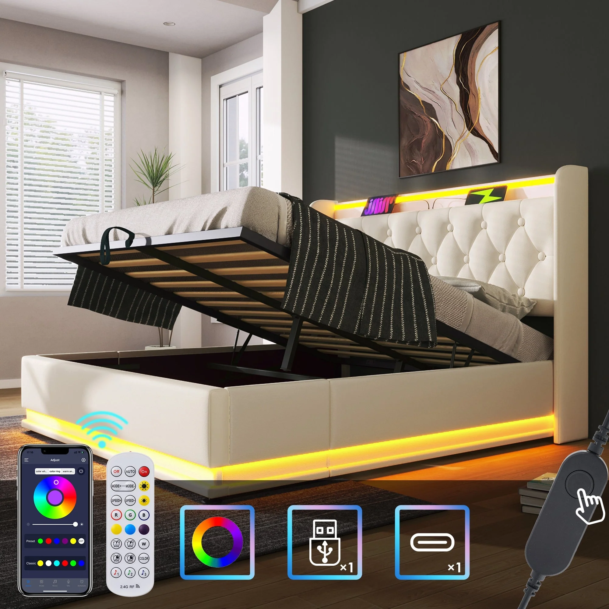 Upholstered Double Bed, 360° LED, Hydraulic Storage & USB-C Charging, White PU
