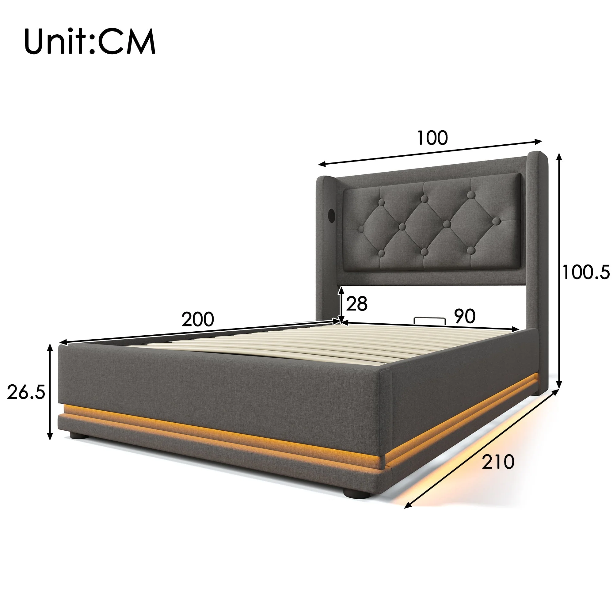 Upholstered Double Bed 90x200cm Hydraulic Storage USB-C LED Headboard, Grey Cotton - Image 4