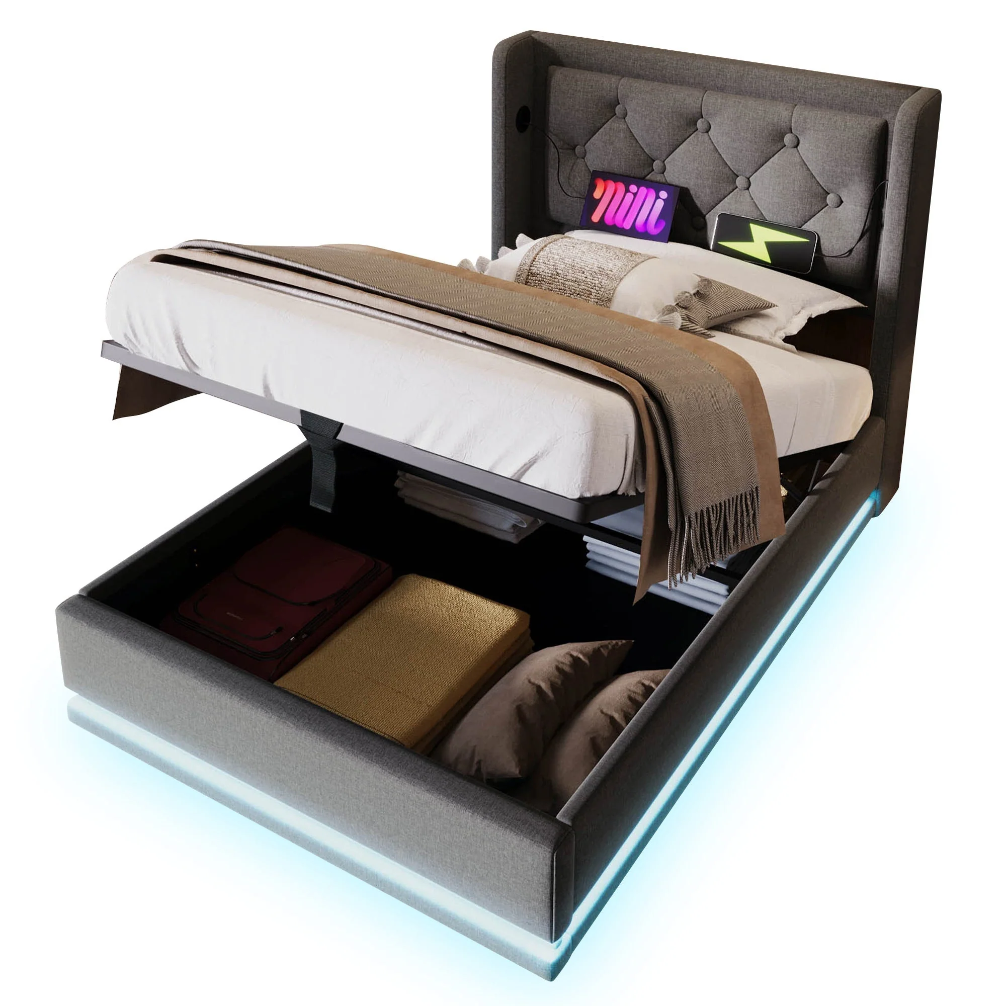 Upholstered Double Bed 90x200cm Hydraulic Storage USB-C LED Headboard, Grey Cotton - Image 8