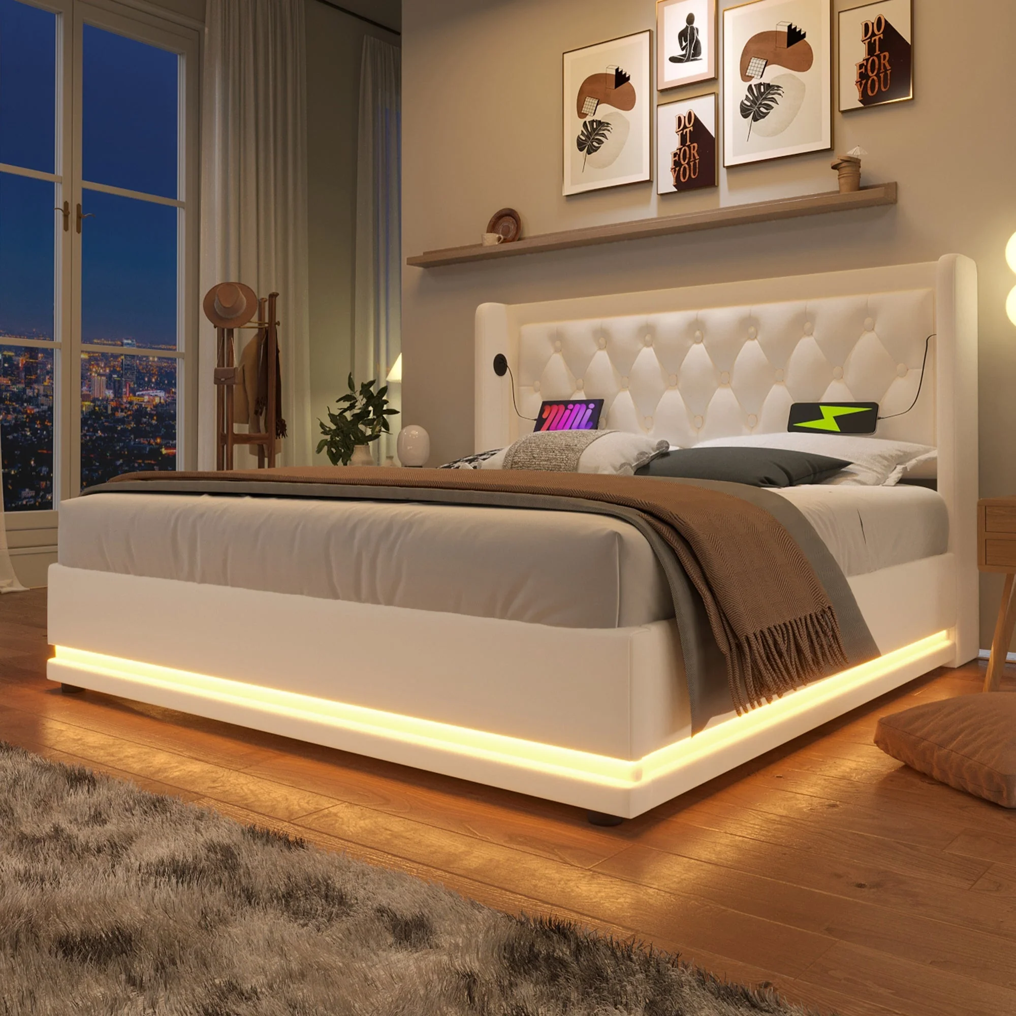 Upholstered Double Bed, Hydraulic Storage, USB-C Charging, LED, White PU - Image 8
