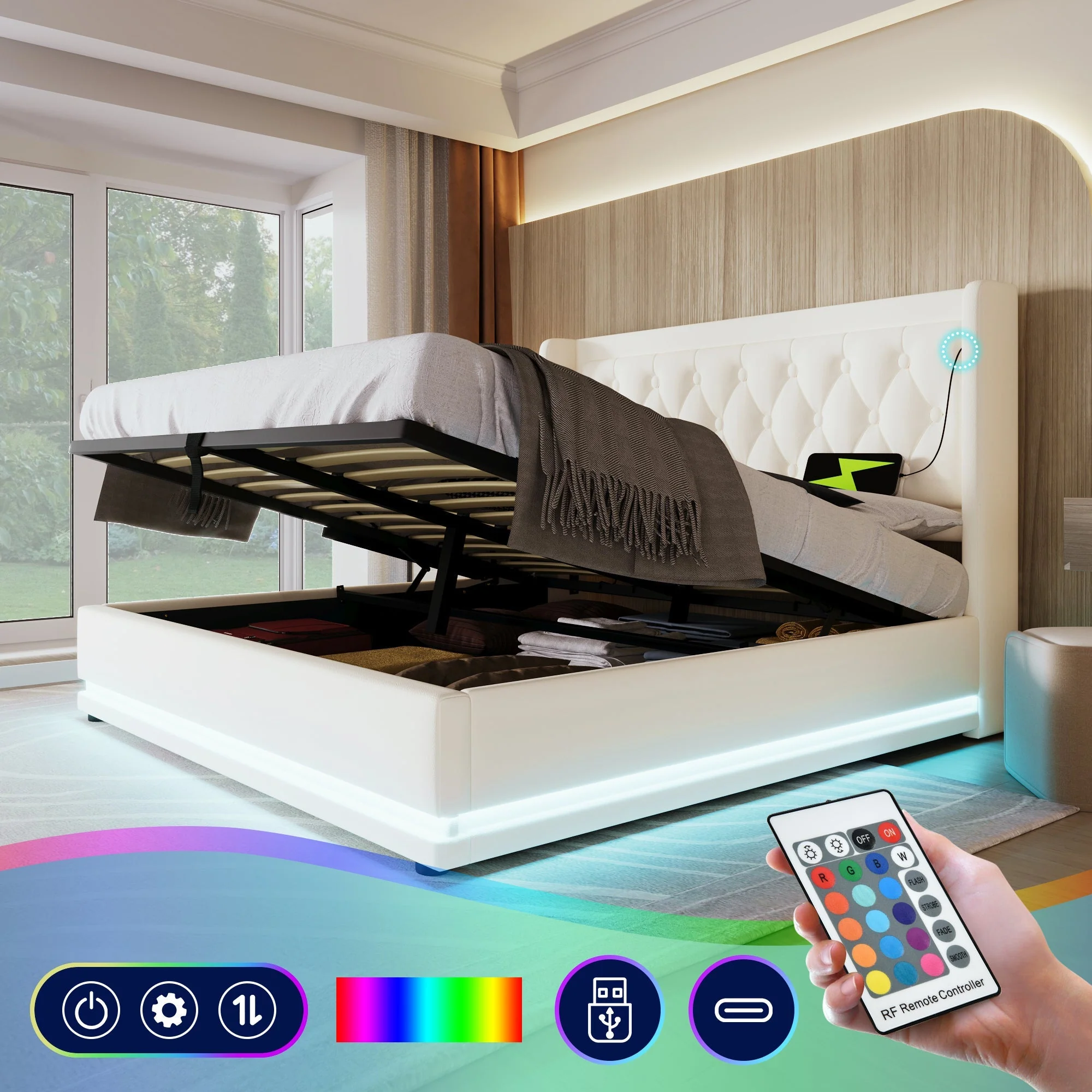 Upholstered Double Bed, Hydraulic Storage with USB & LED, White PU