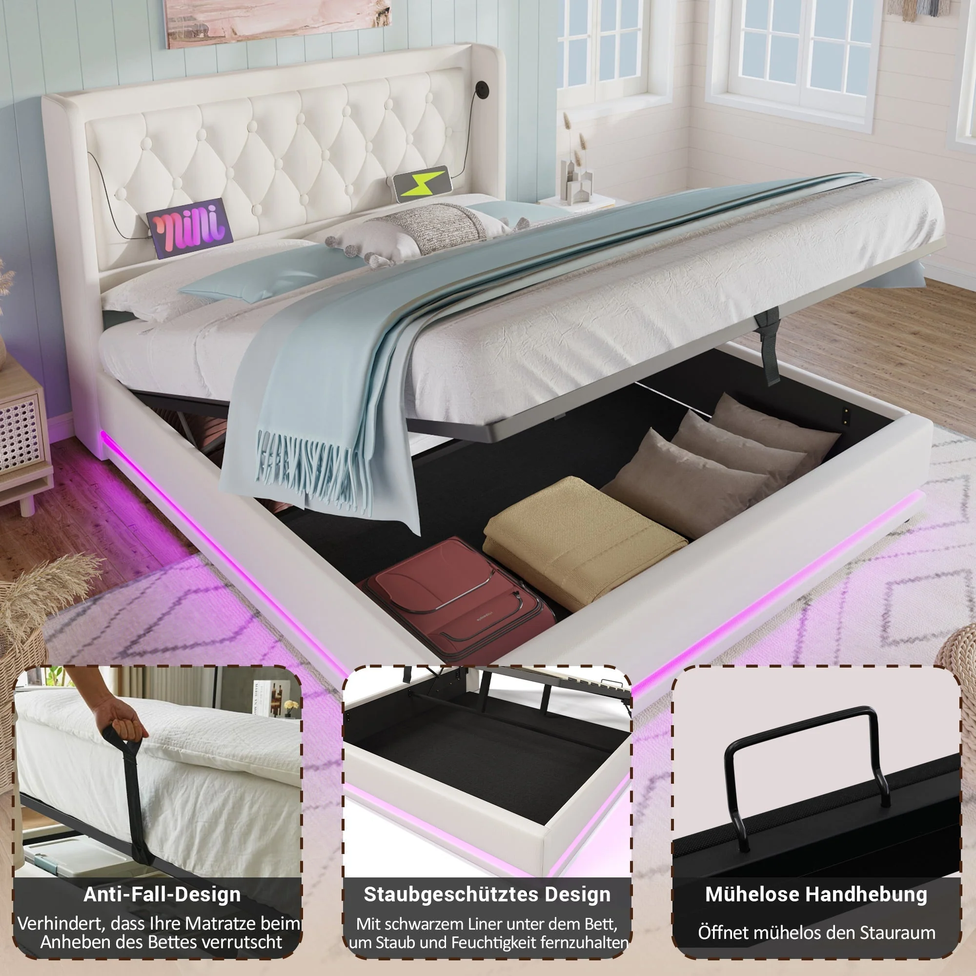 Upholstered Double Bed, Hydraulic Storage with USB & LED, White PU - Image 6