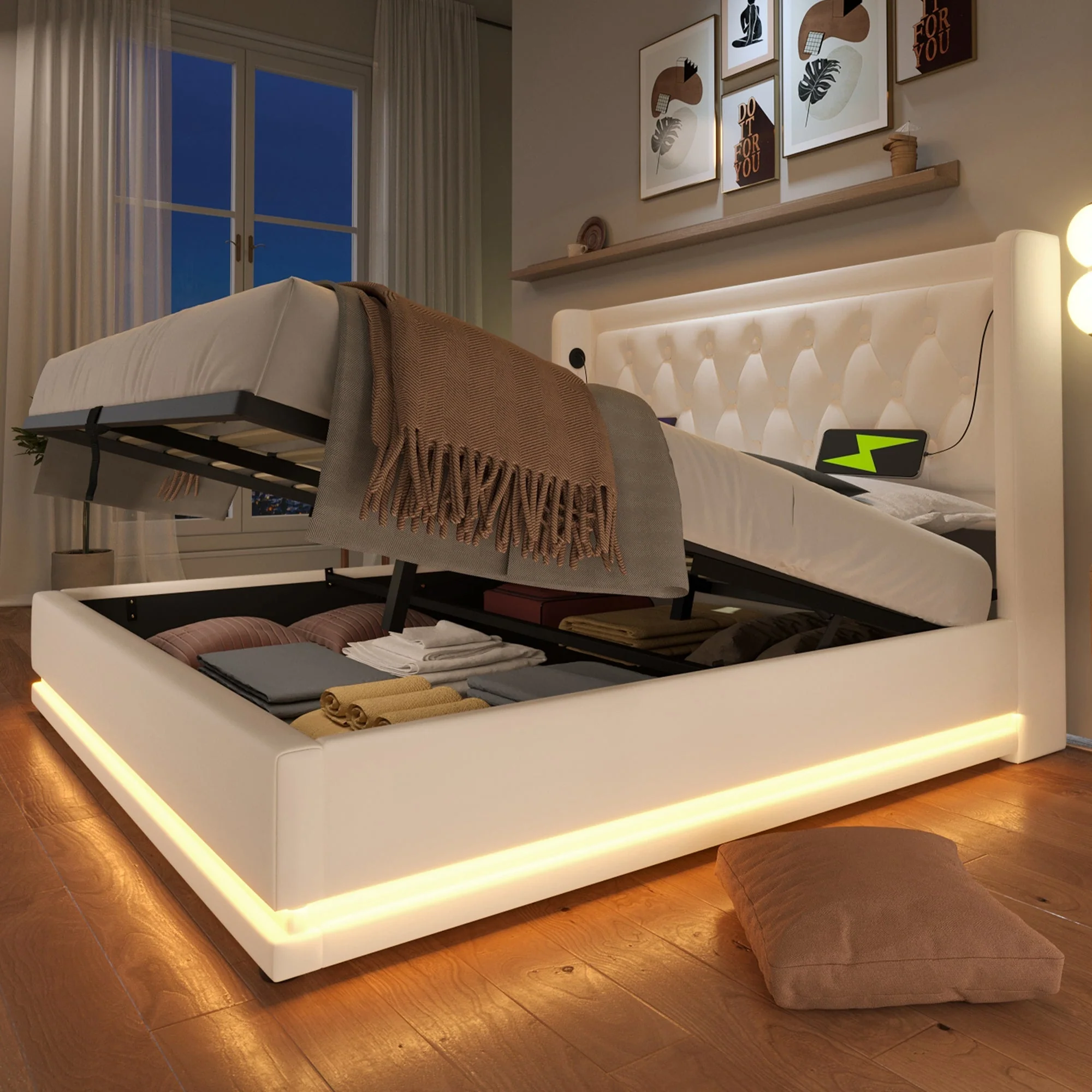 Upholstered Double Bed, Hydraulic Storage with USB & LED, White PU - Image 7