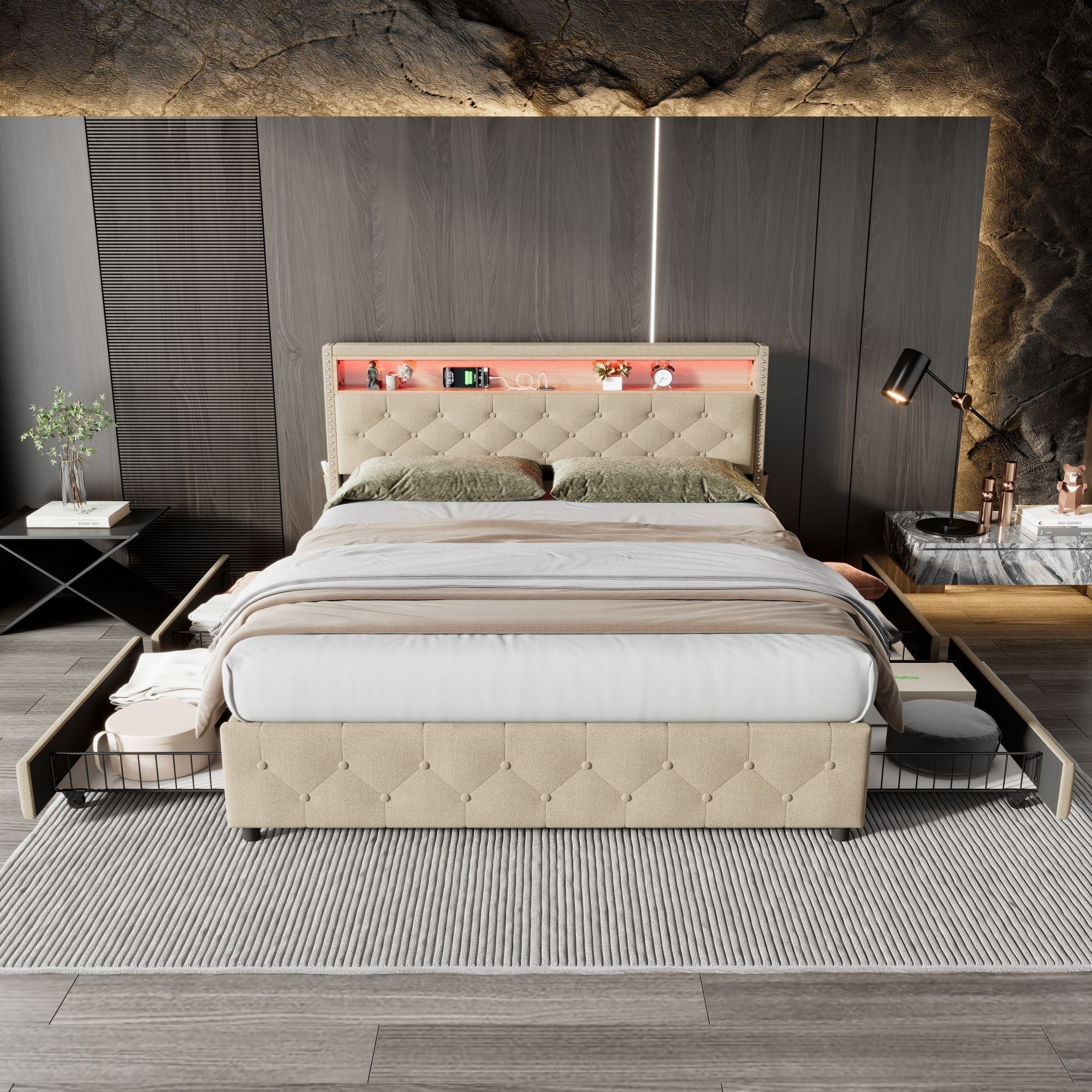 Upholstered Double Bed, LED Light, Four Storage Drawers, Linen Beige - Image 7