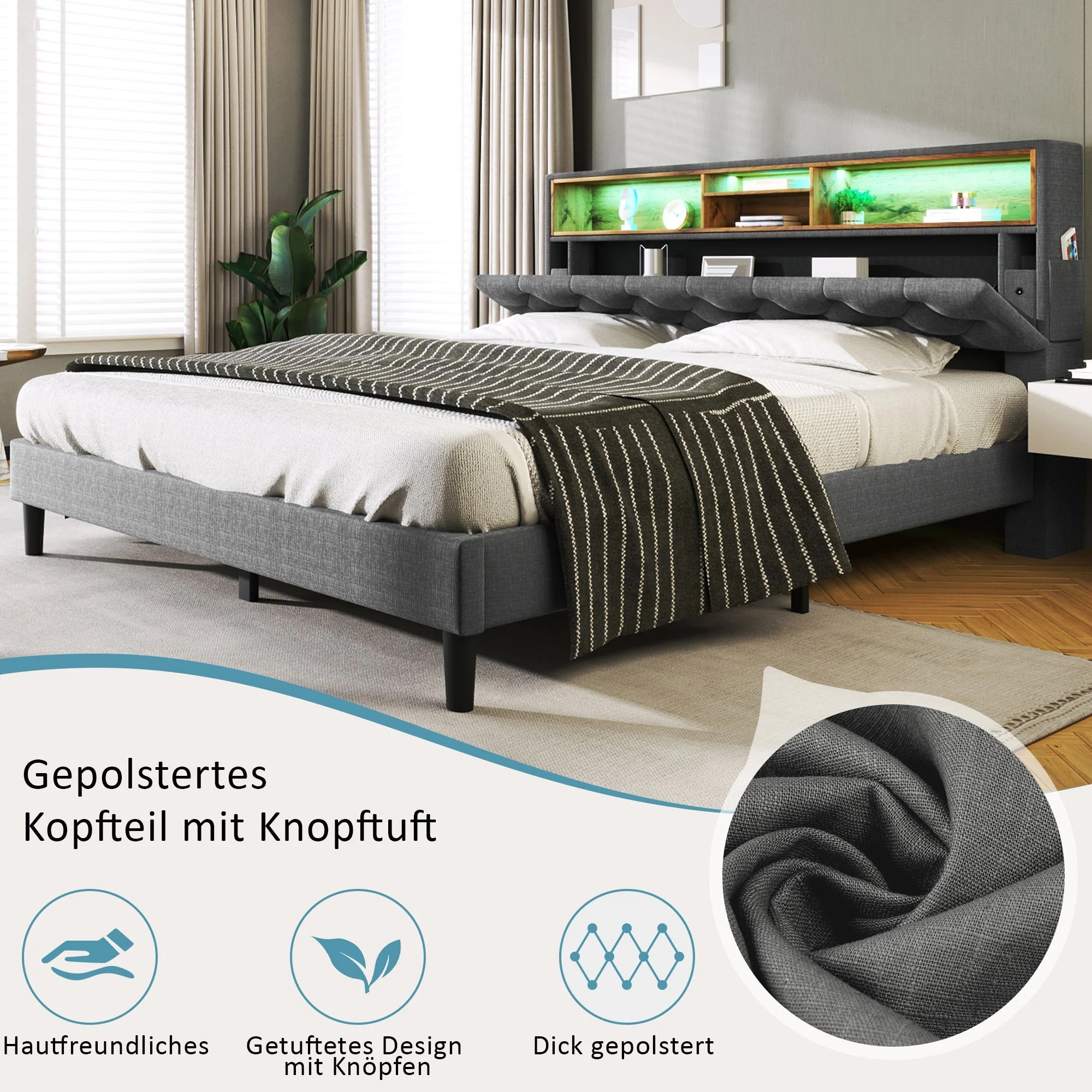 Upholstered Double Bed, Storage Headboard LED Lighting Wooden Frame 140x200cm, Grey - Image 4