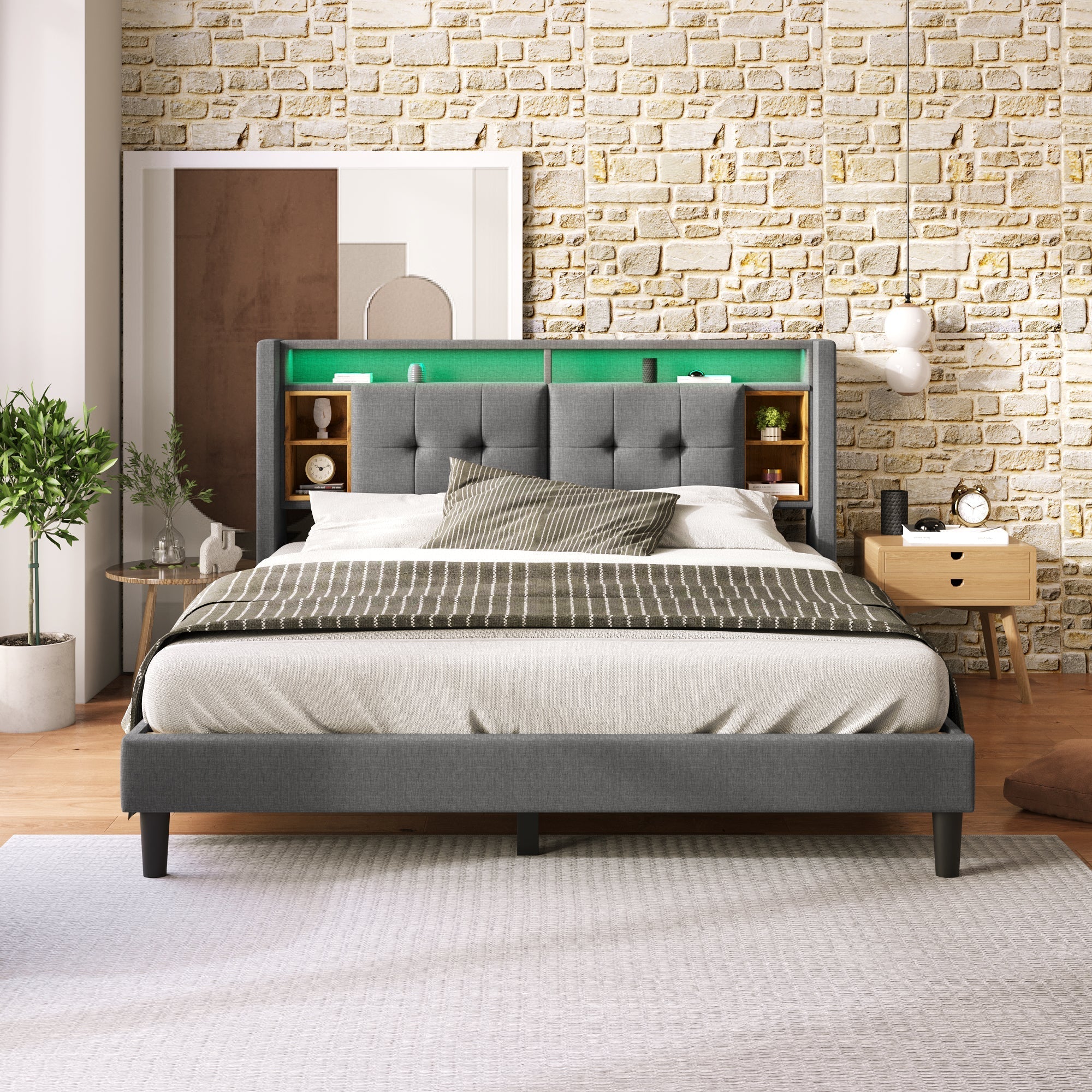 Upholstered Double Bed, Storage Headboard USB LED 160x200cm, Grey - Image 8