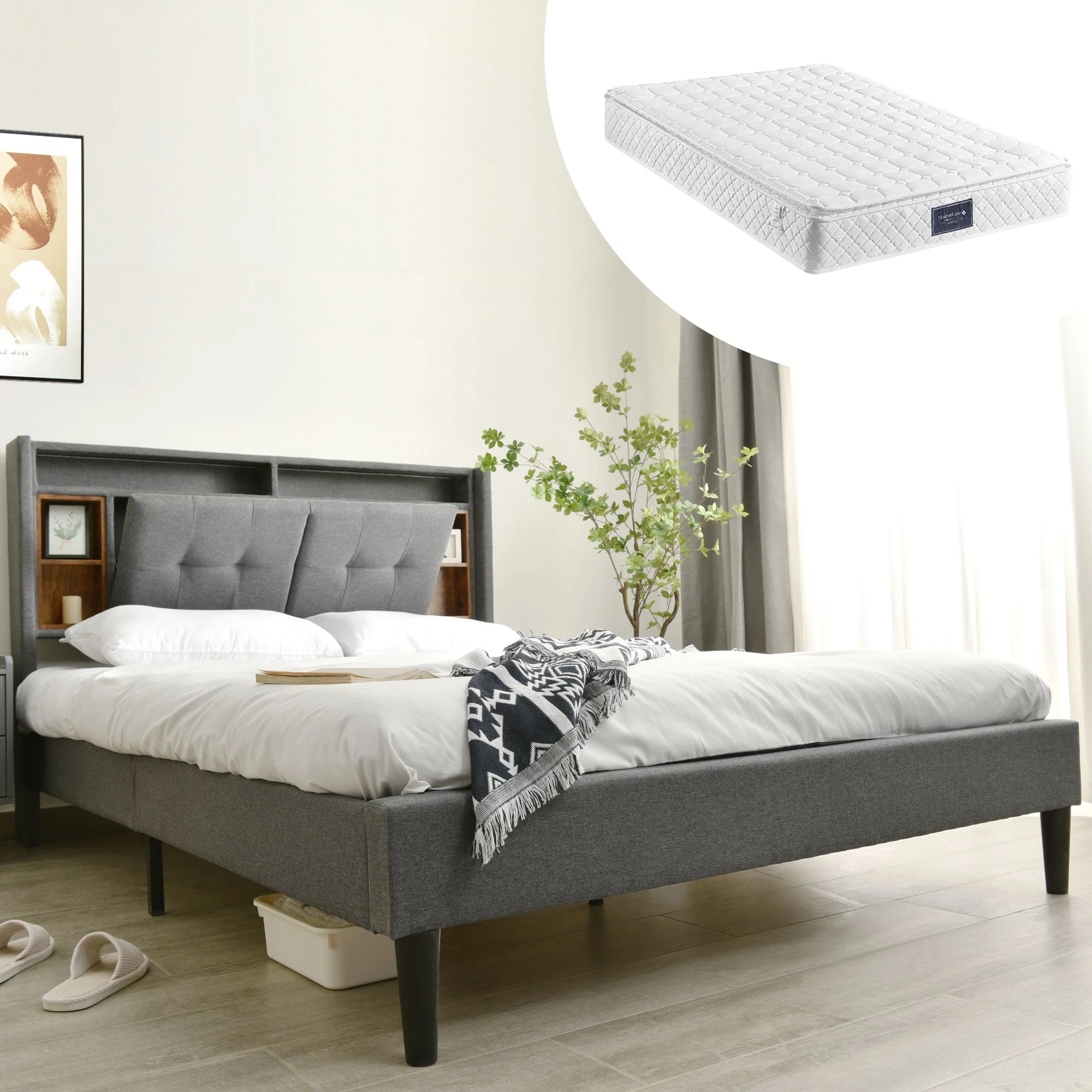 Upholstered Double Bed, Storage Headboard with USB & LED, Wooden Slatted Frame, Grey