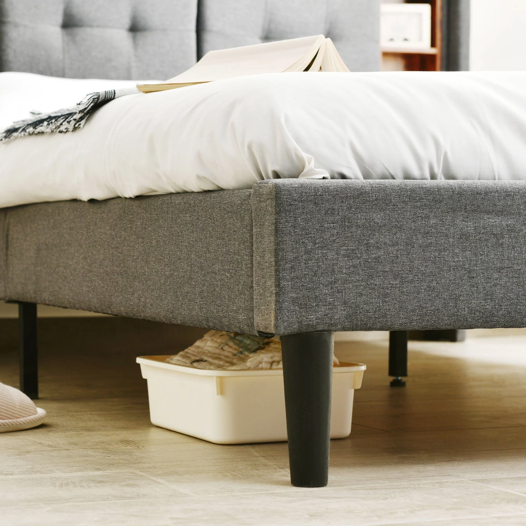 Upholstered Double Bed, Storage Headboard with USB & LED, Wooden Slatted Frame, Grey - Image 6
