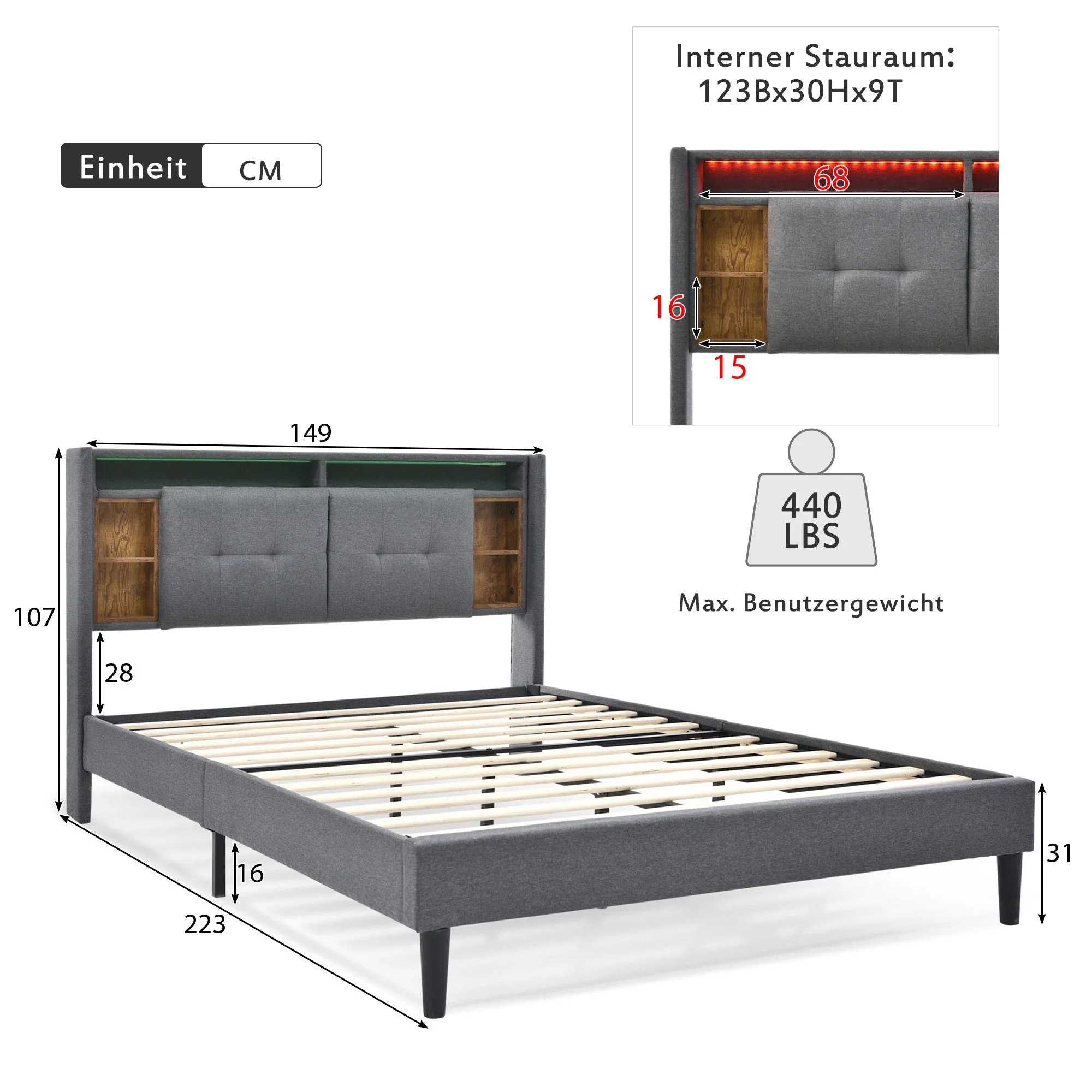 Upholstered Double Bed, Storage Headboard with USB & LED, Wooden Slatted Frame, Grey - Image 7