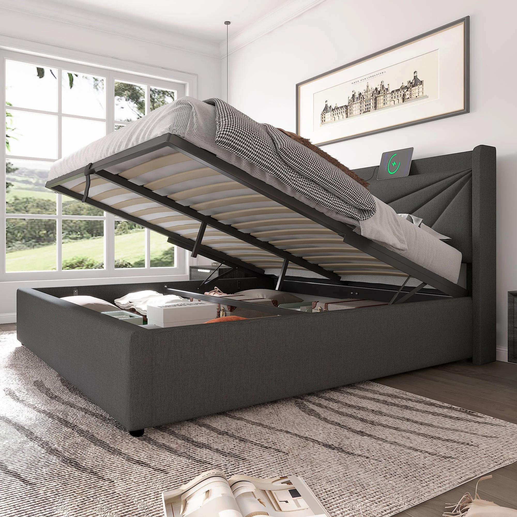 Upholstered Double Bed, Storage with USB-C Headboard, Linen - Image 2