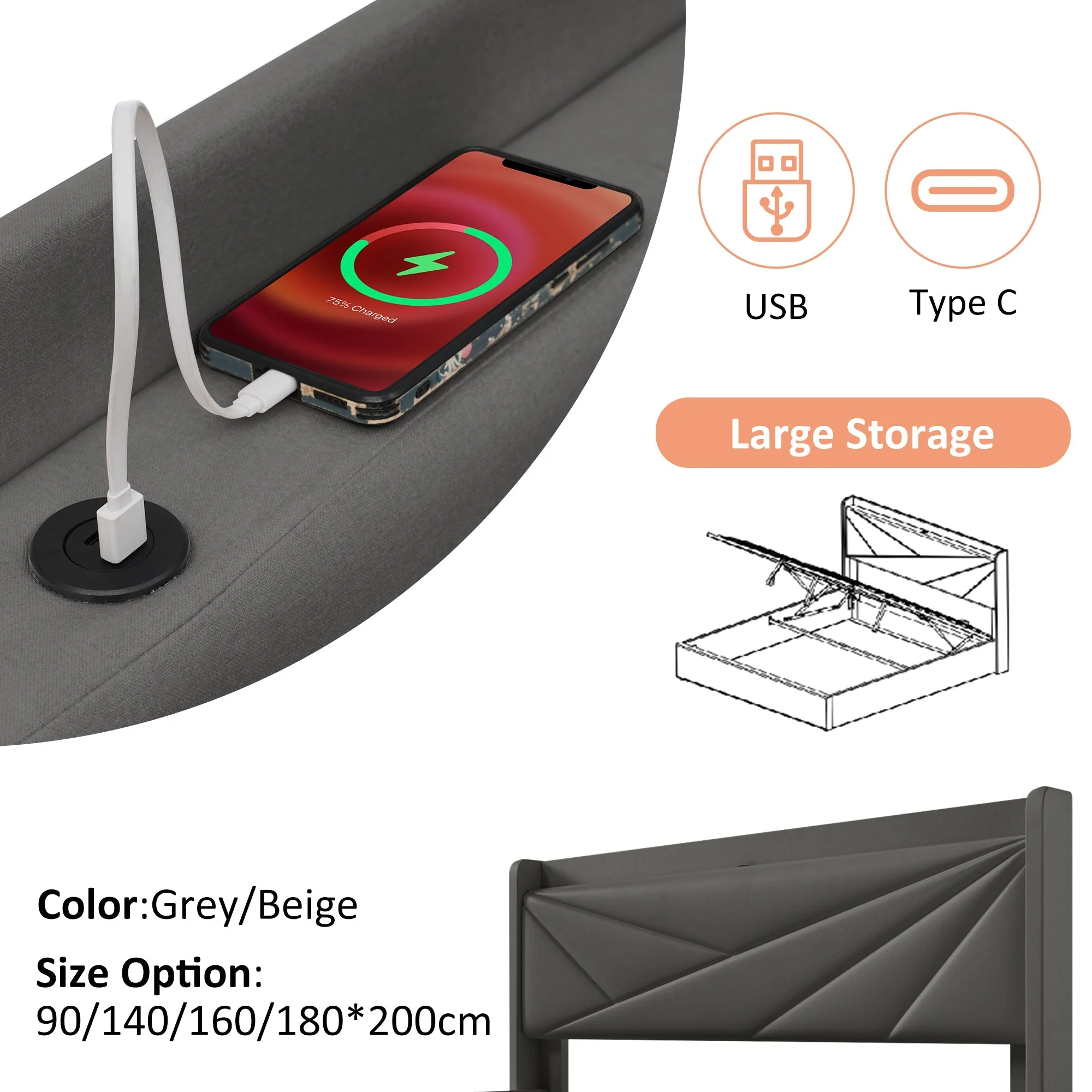 Upholstered Double Bed, Storage with USB-C Headboard, Linen - Image 9