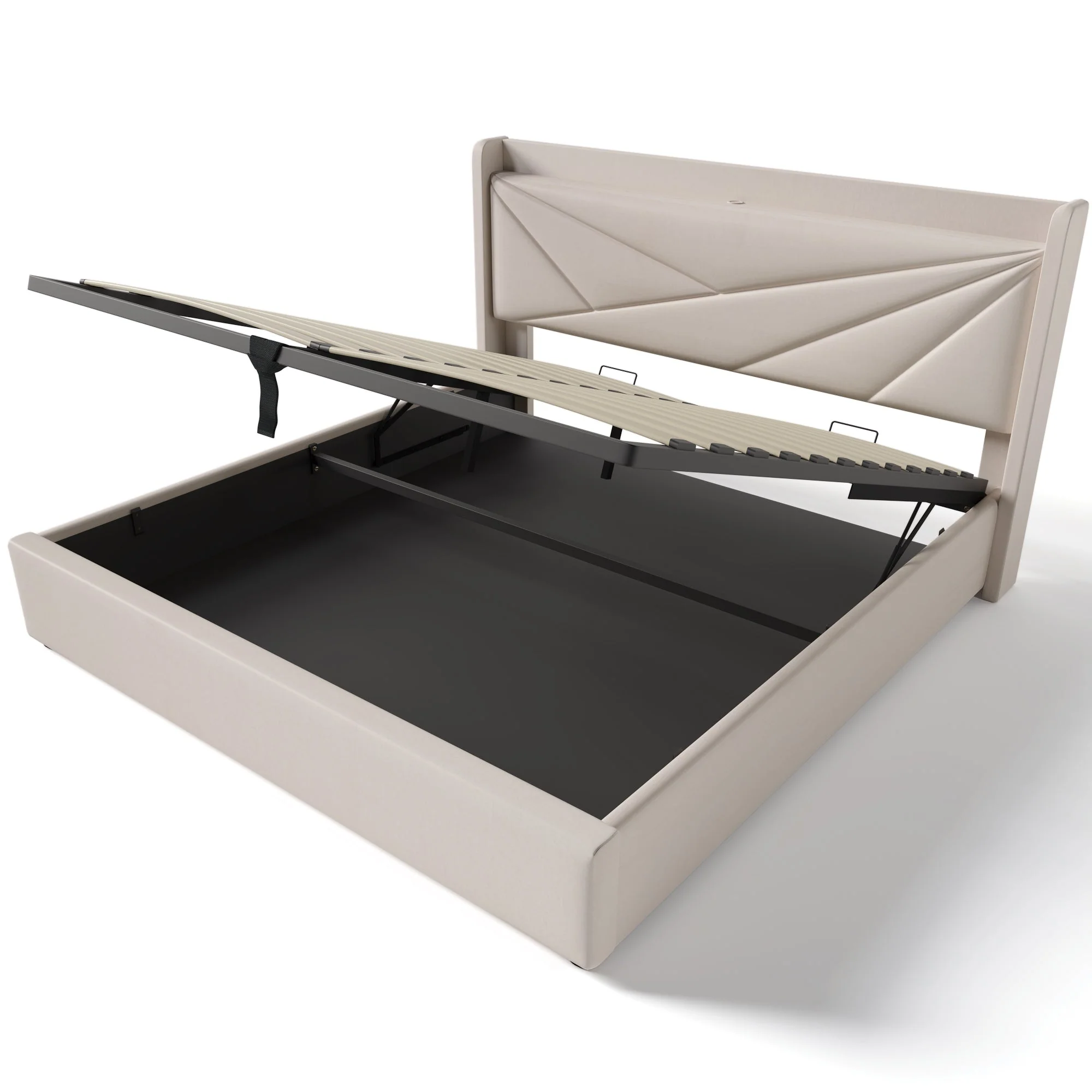 Upholstered Double Bed, Storage with USB Type C Headboard, Linen - Image 2