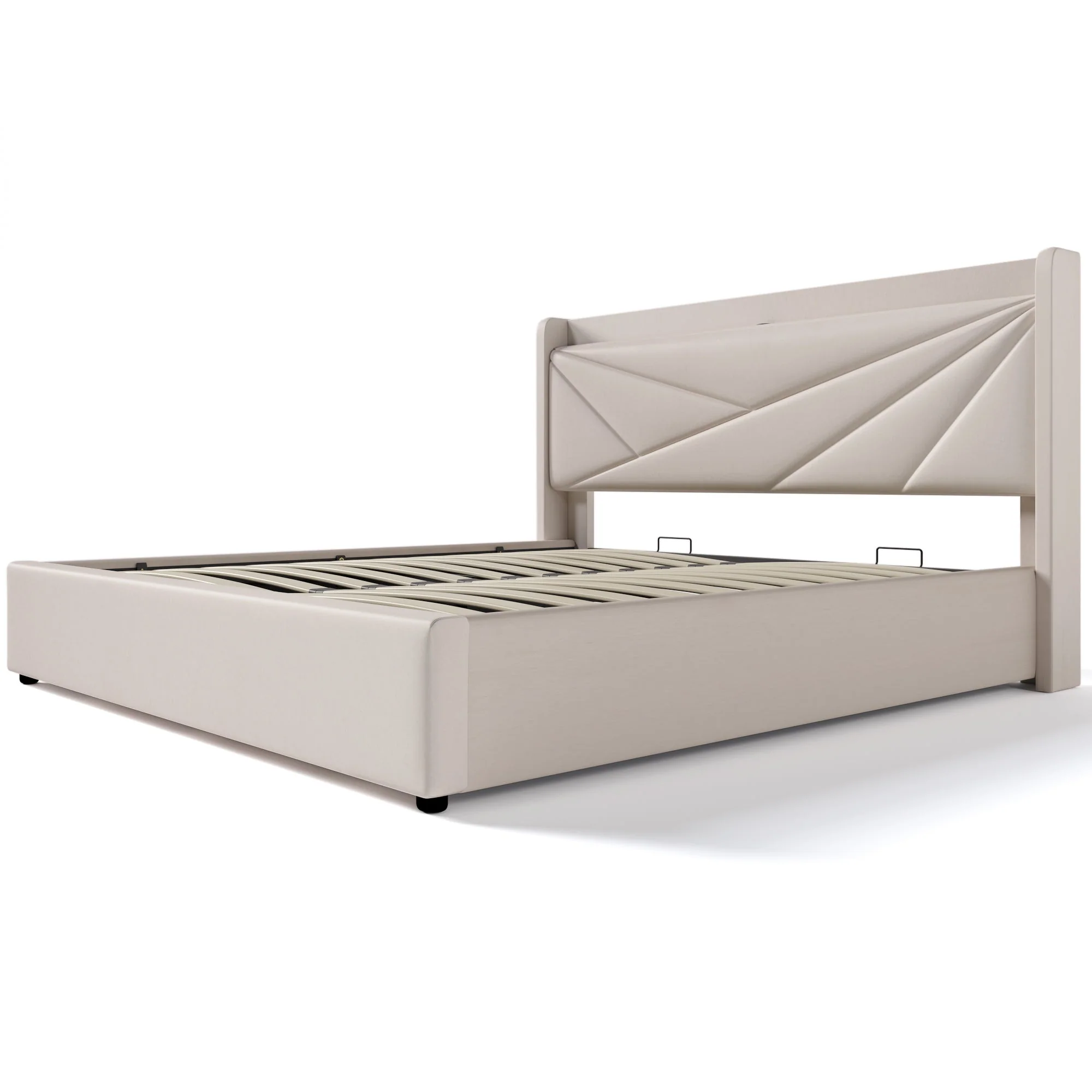 Upholstered Double Bed, Storage with USB Type C Headboard, Linen - Image 4
