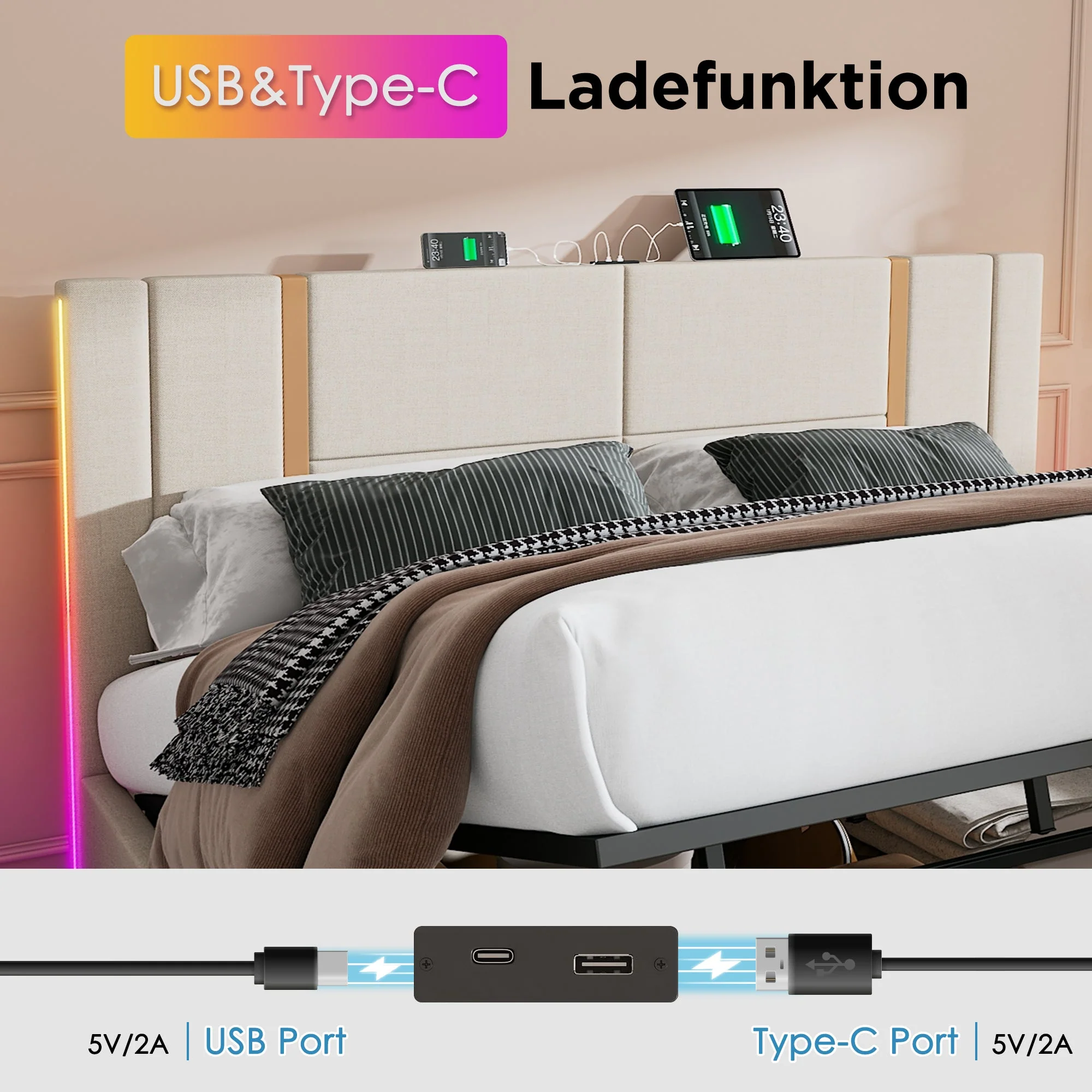 Upholstered Double Bed, USB C, APP Control, LED, Storage, Beige Linen - Image 6