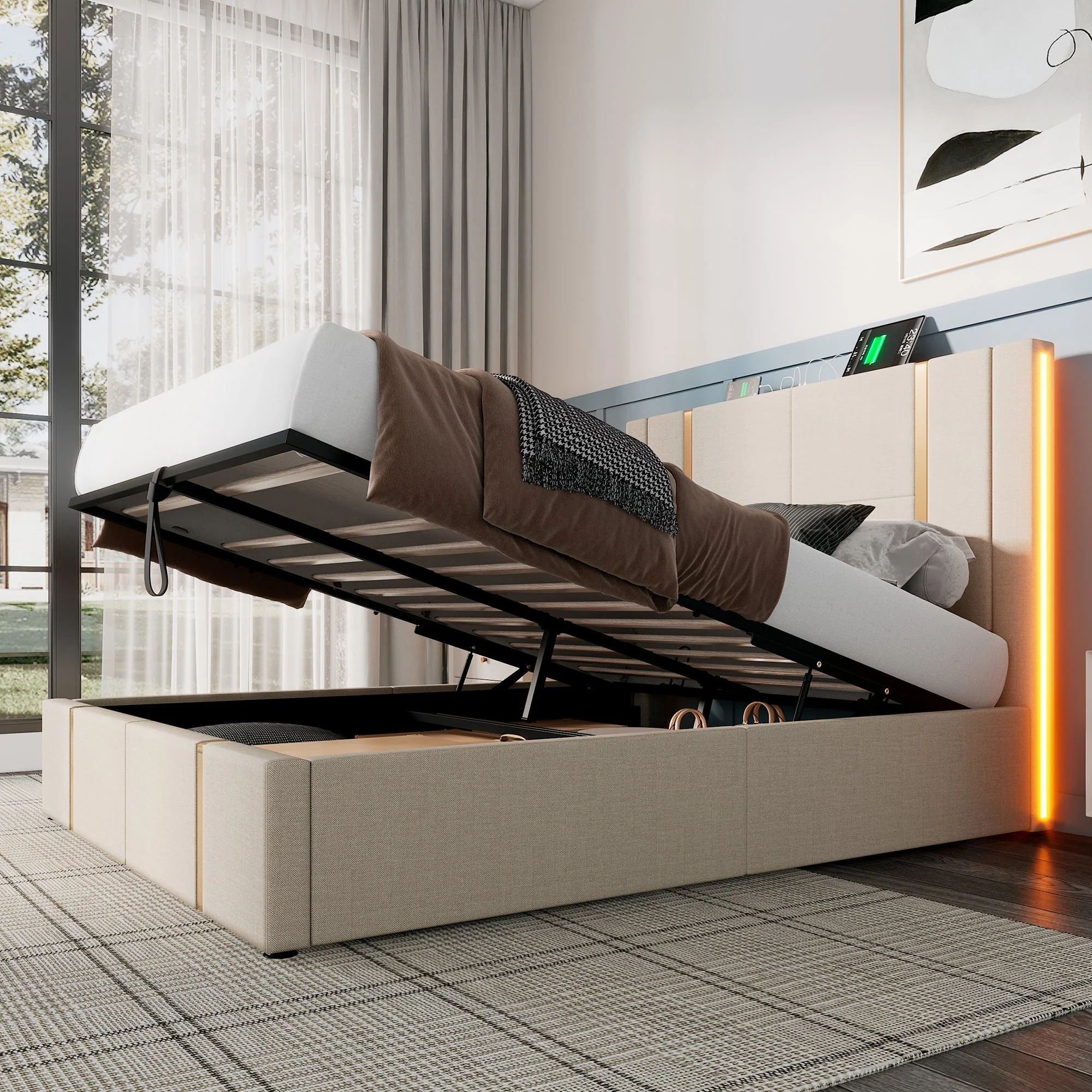 Upholstered Double Bed, USB C, APP Control, LED, Storage, Beige Linen - Image 8