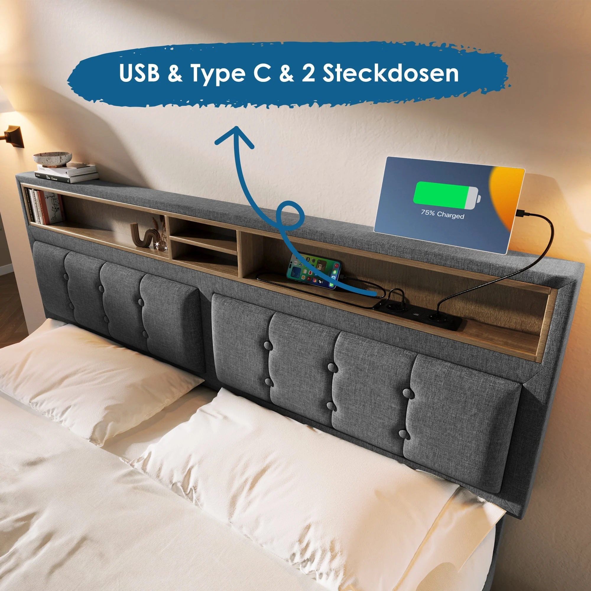 Upholstered Double Bed, USB C Headboard Storage, Linen - Image 3