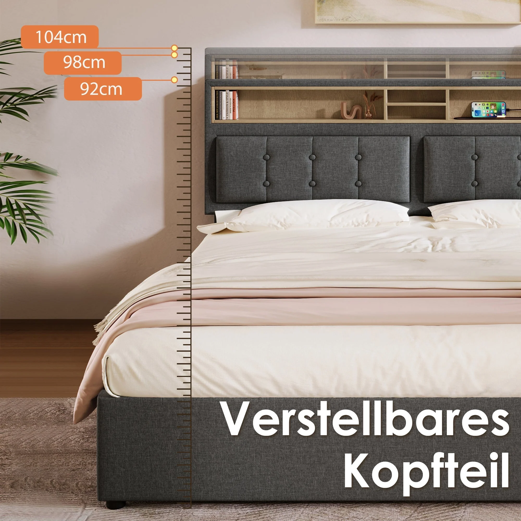 Upholstered Double Bed, USB C Headboard Storage, Linen - Image 6