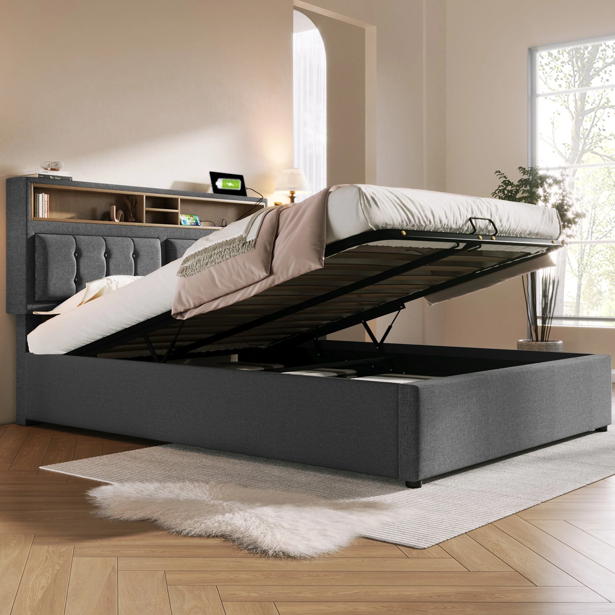 Upholstered Double Bed, USB C Headboard Storage, Linen - Image 8