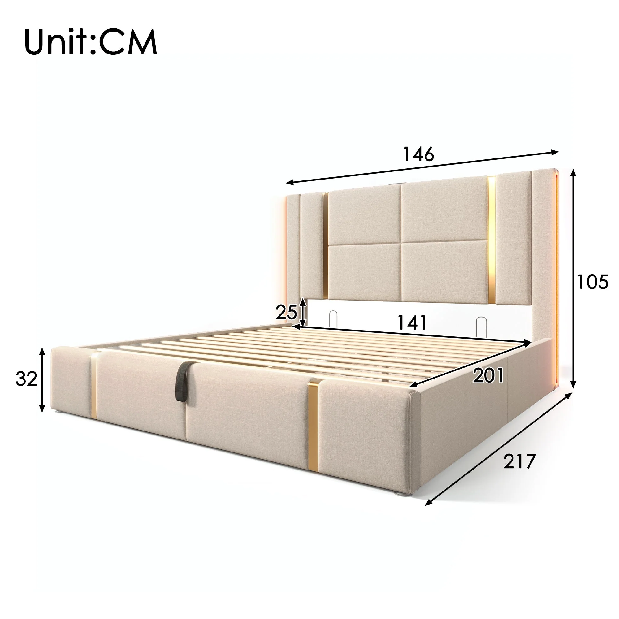 Upholstered Double Bed, USB C, LED, Storage, 140x200cm, Beige Linen - Image 5