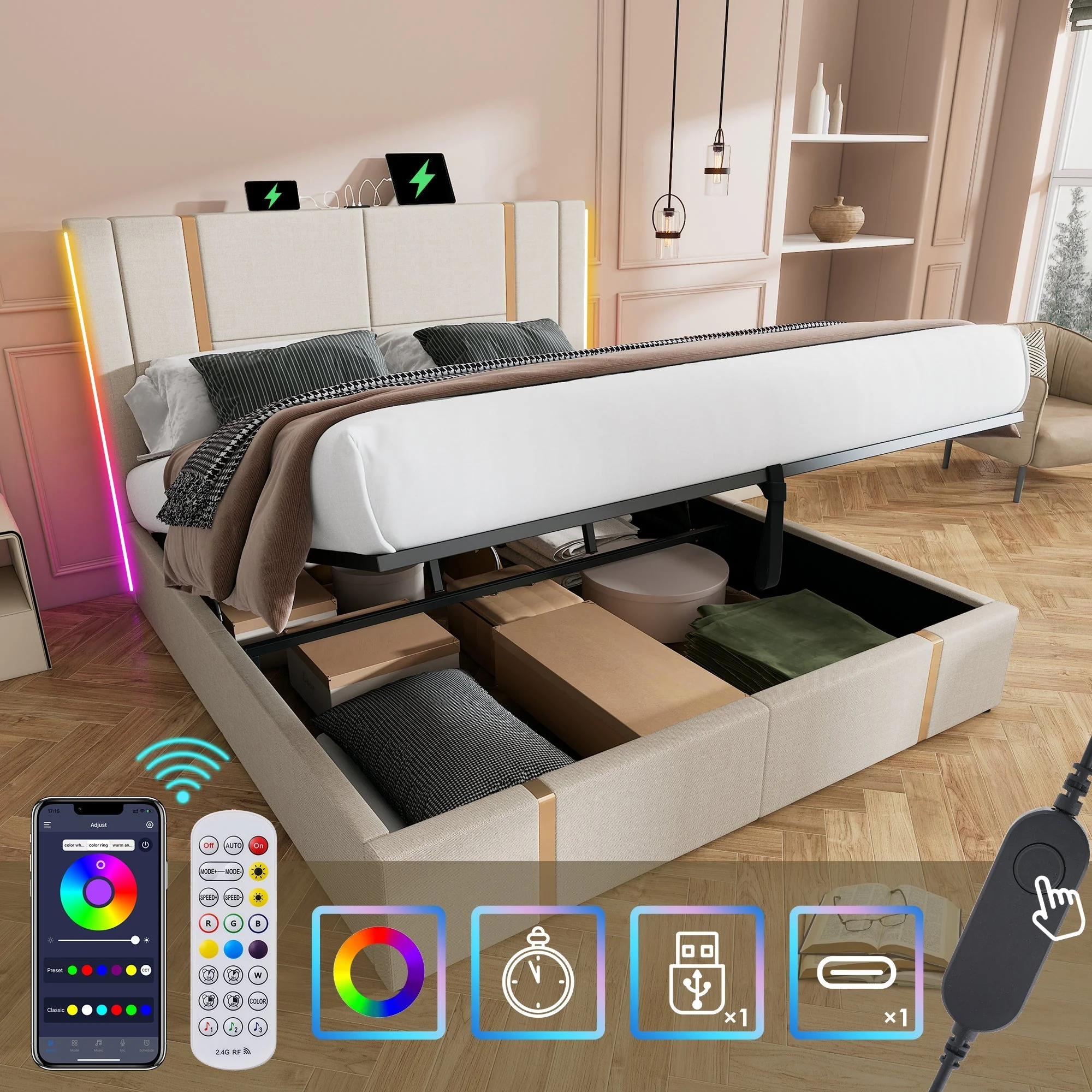 Upholstered Double Bed, USB C, LED, Storage, 140x200cm, Beige Linen - Image 6