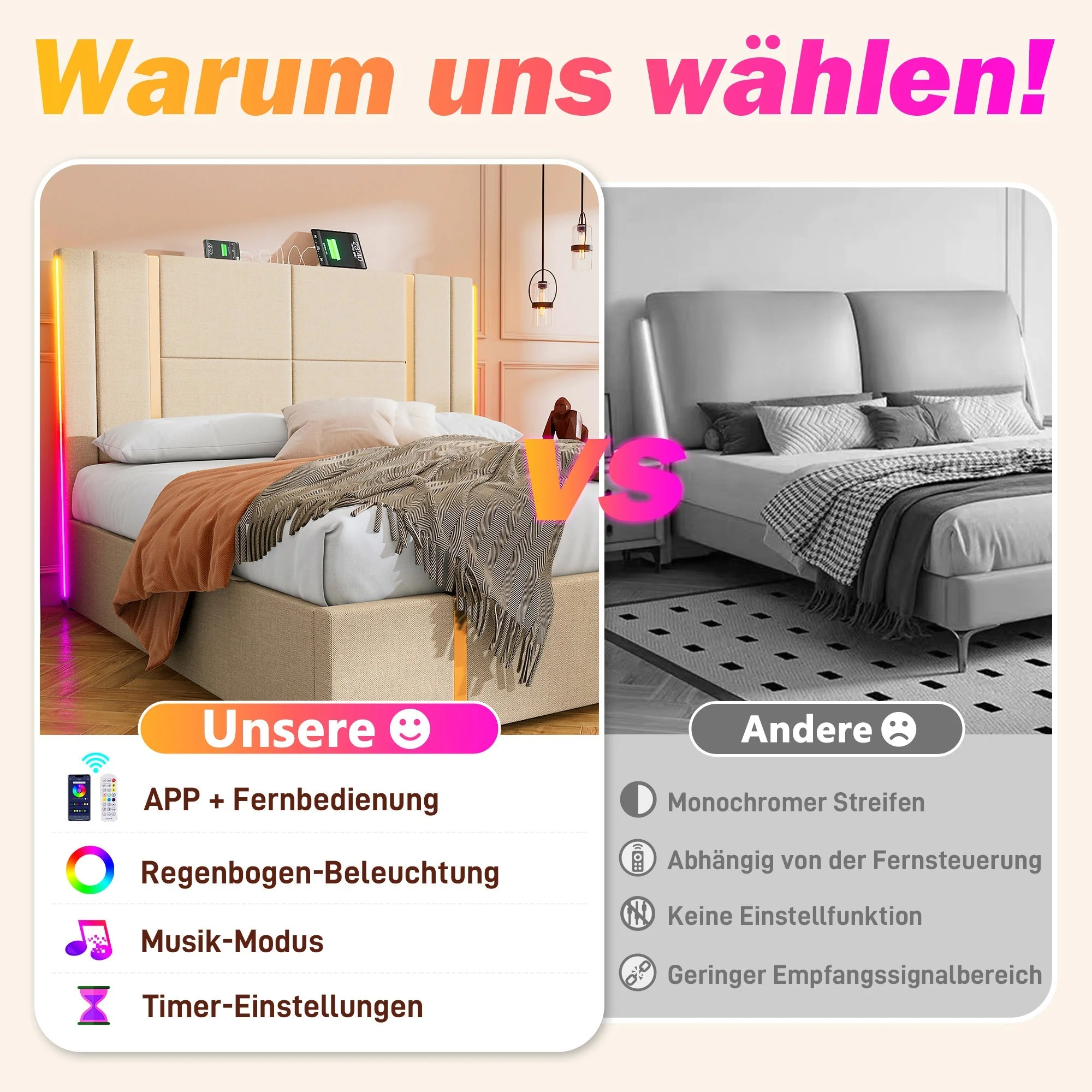 Upholstered Double Bed, USB C, LED, Storage, 140x200cm, Beige Linen - Image 8
