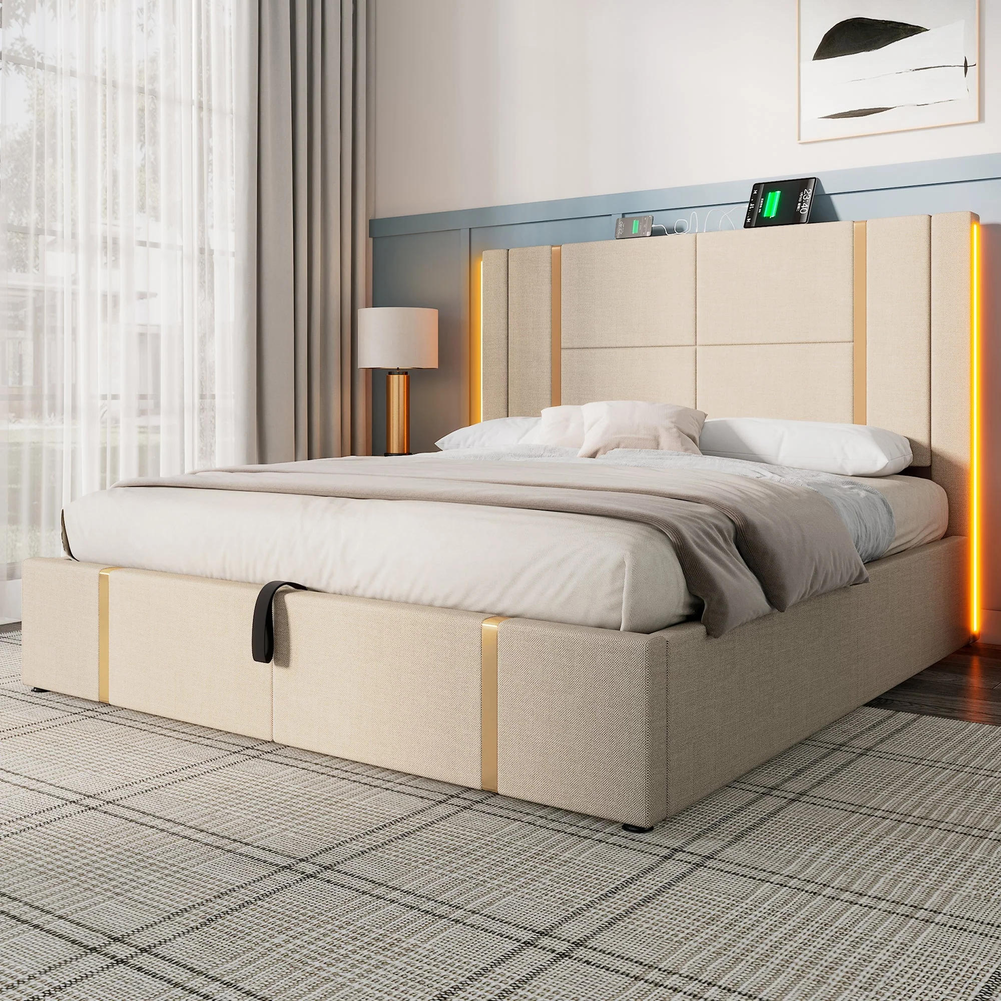 Upholstered Double Bed, USB C LED Storage Frame, Beige Linen - Image 10