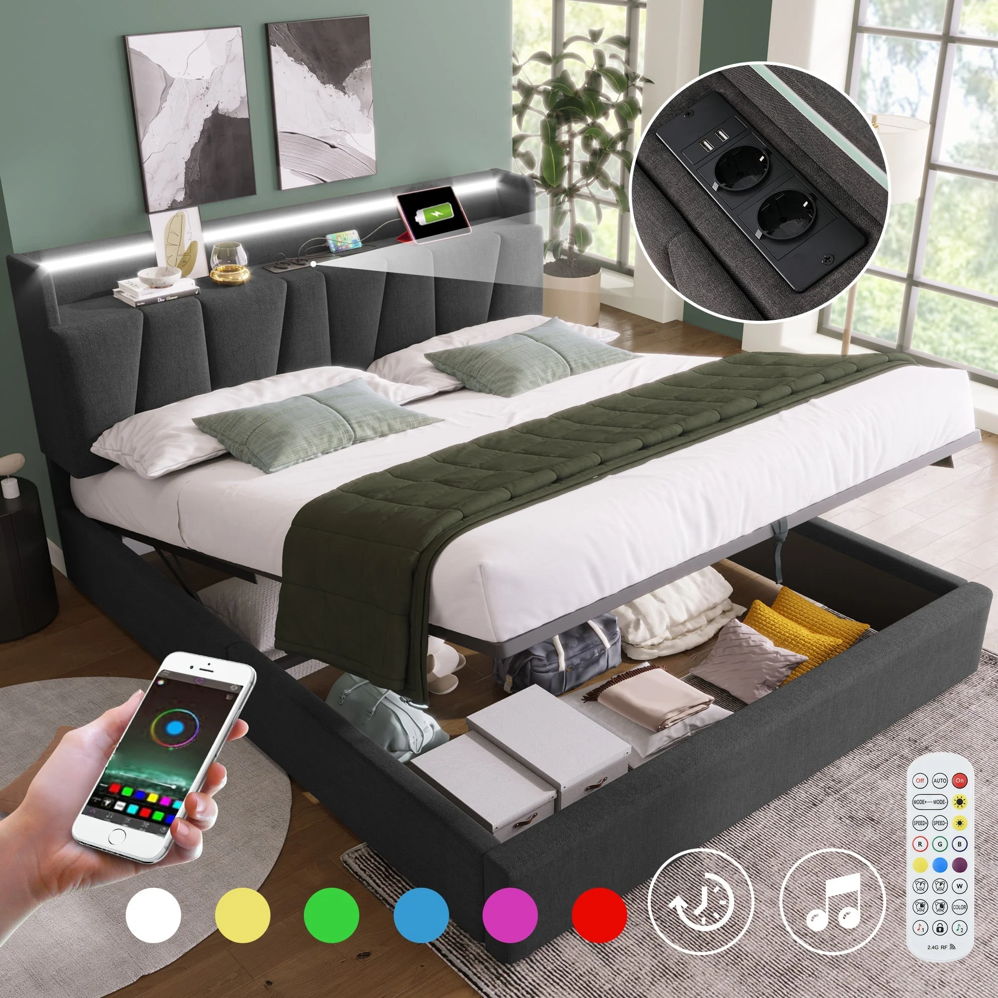 Upholstered Double Bed, USB Charging & LED Storage Headboard, 140x200cm, Gray - Image 2
